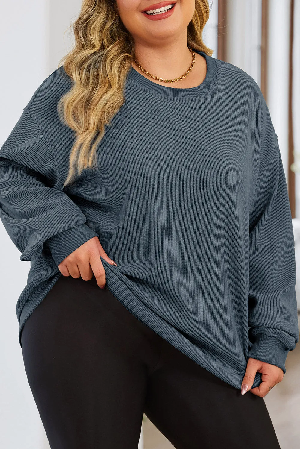 Khaki Solid Ribbed Knit Round Neck Pullover Sweatshirt