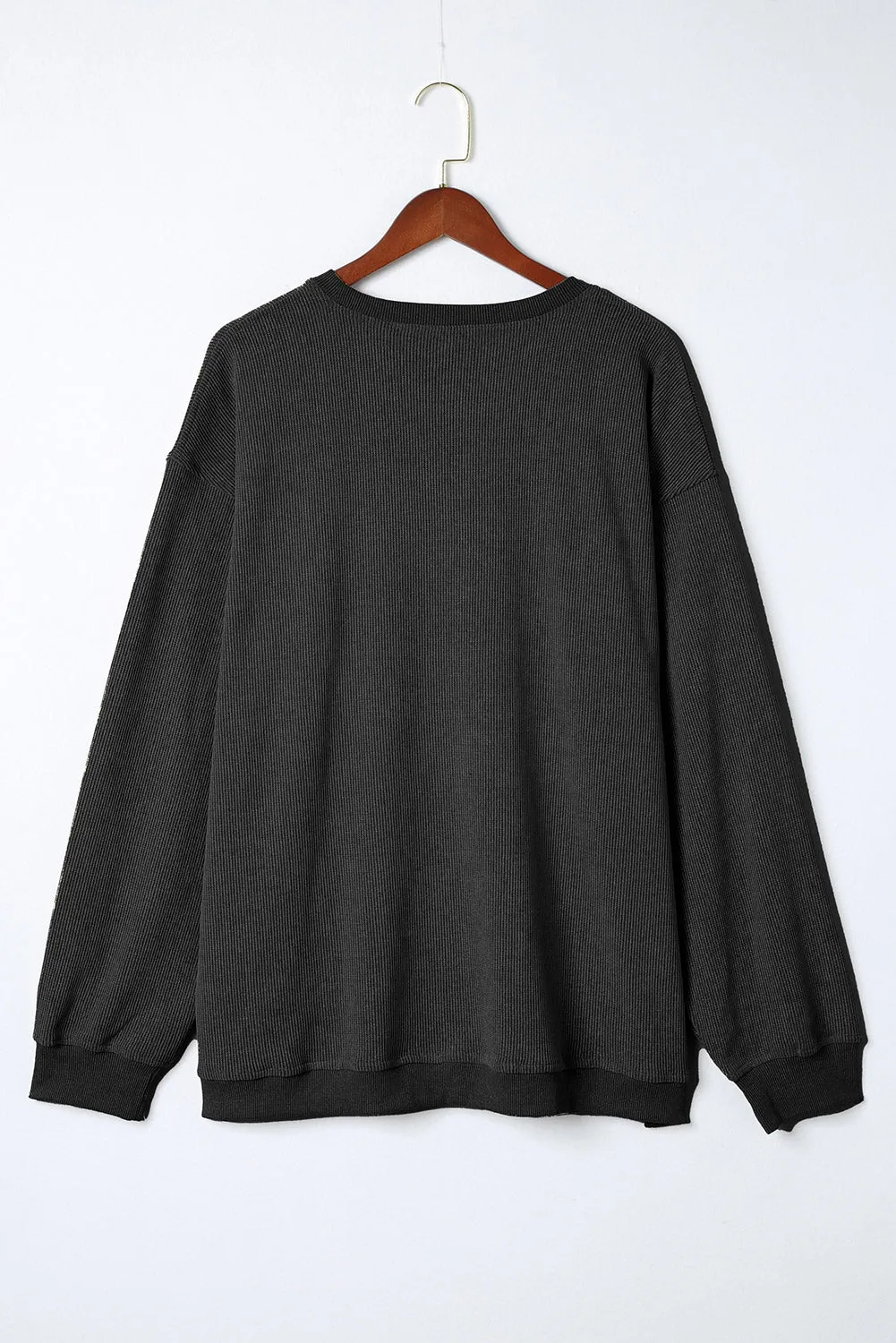 Khaki Solid Ribbed Knit Round Neck Pullover Sweatshirt