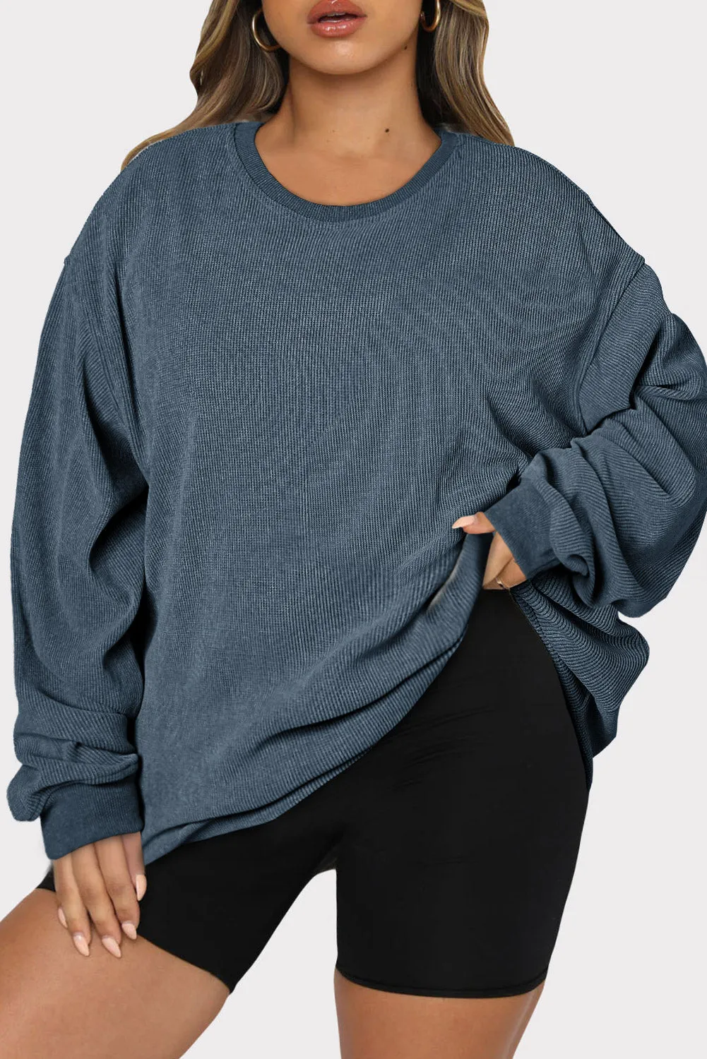 Khaki Solid Ribbed Knit Round Neck Pullover Sweatshirt