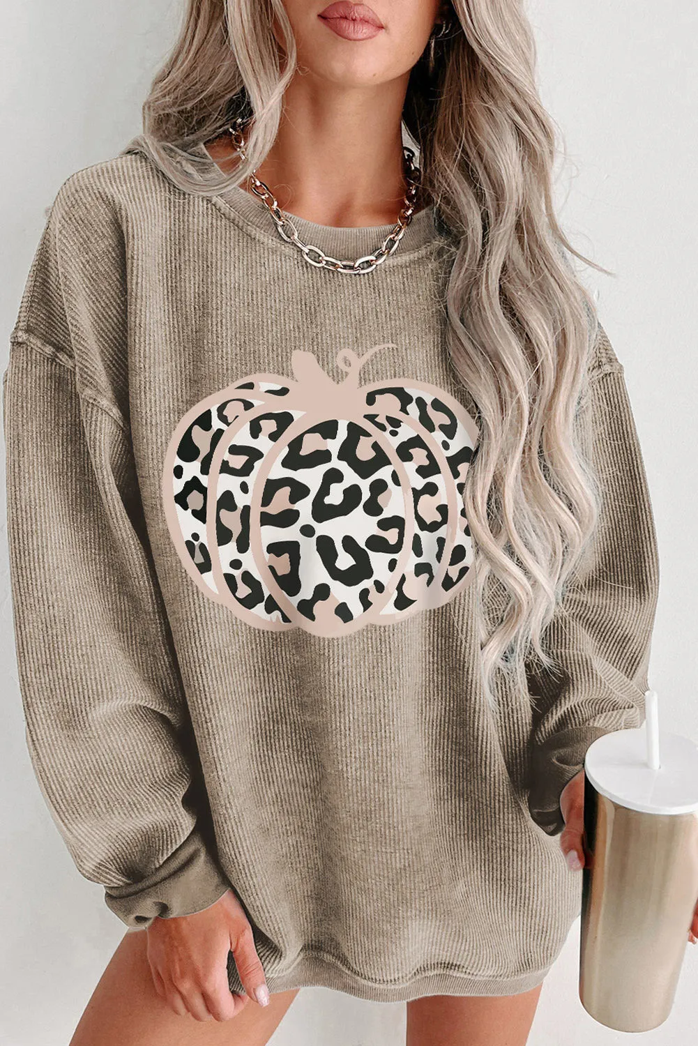 Khaki Solid Ribbed Knit Round Neck Pullover Sweatshirt