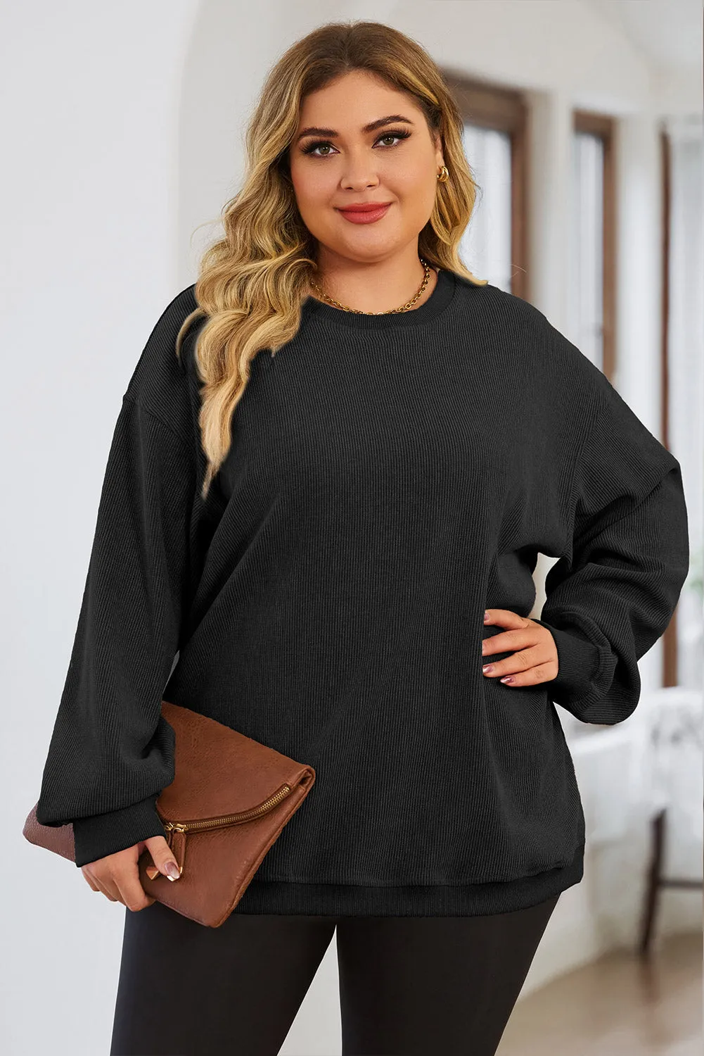 Khaki Solid Ribbed Knit Round Neck Pullover Sweatshirt