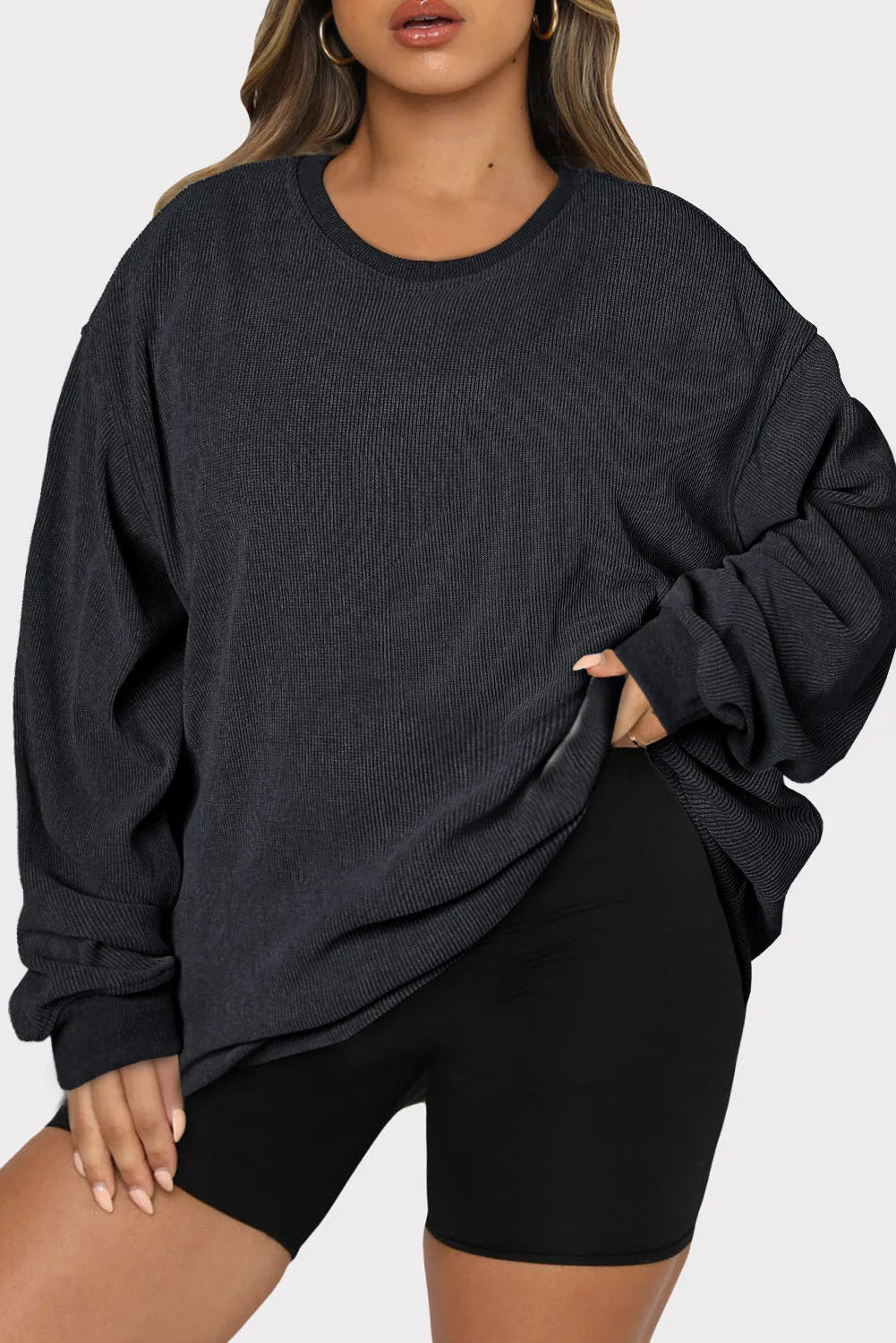 Khaki Solid Ribbed Knit Round Neck Pullover Sweatshirt