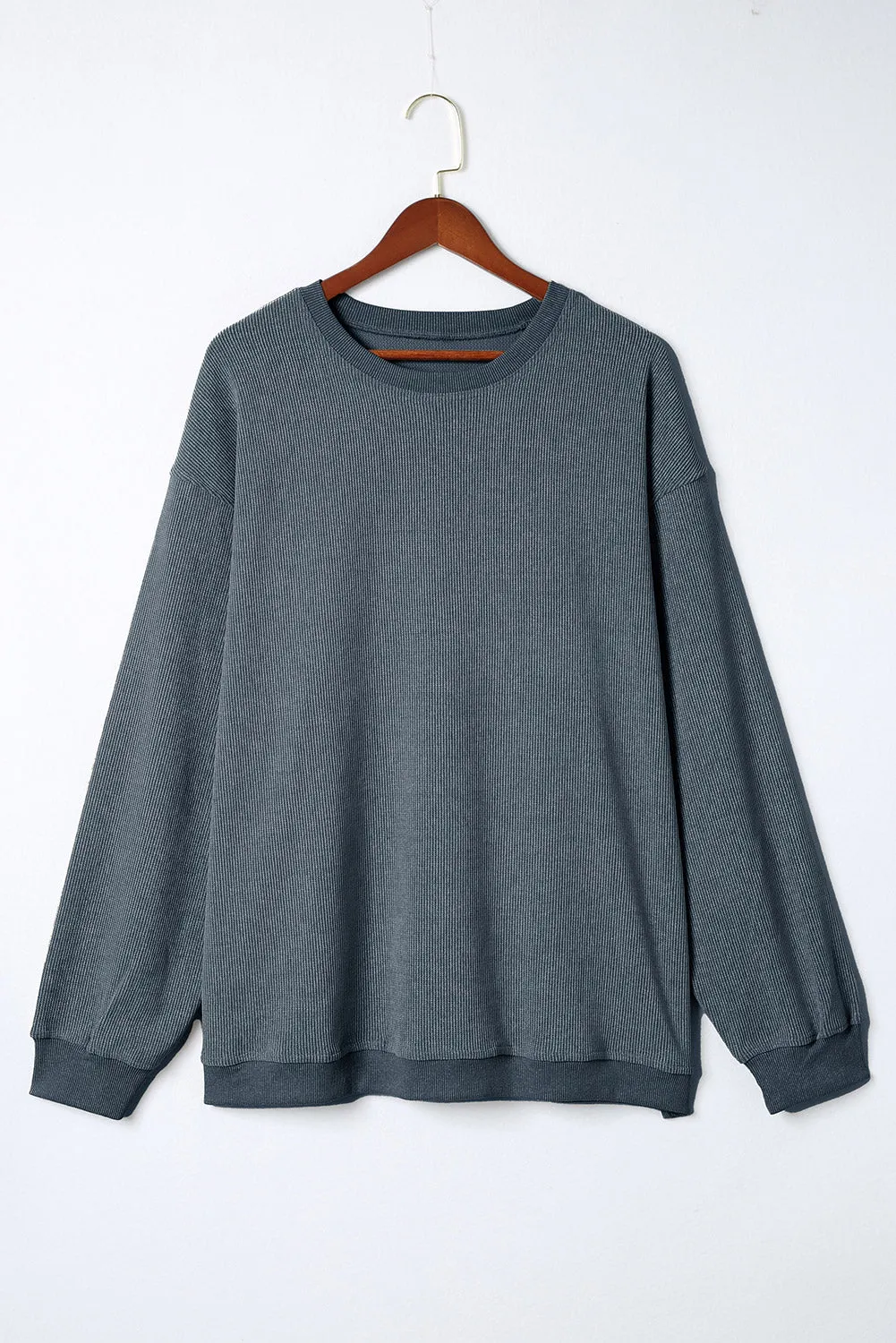 Khaki Solid Ribbed Knit Round Neck Pullover Sweatshirt