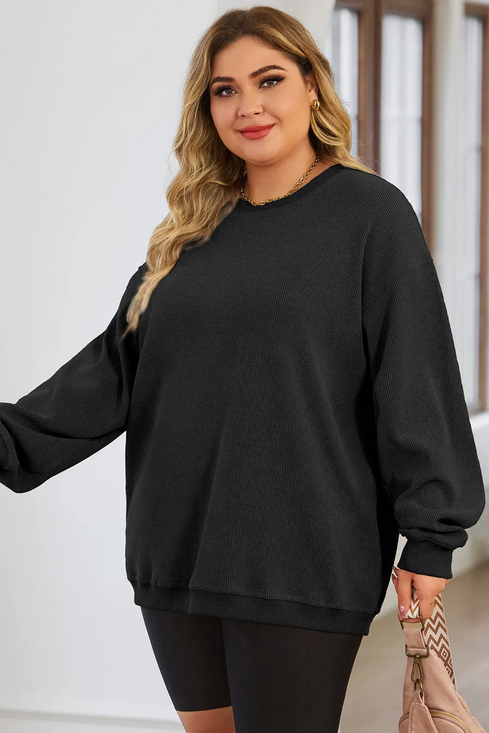 Khaki Solid Ribbed Knit Round Neck Pullover Sweatshirt