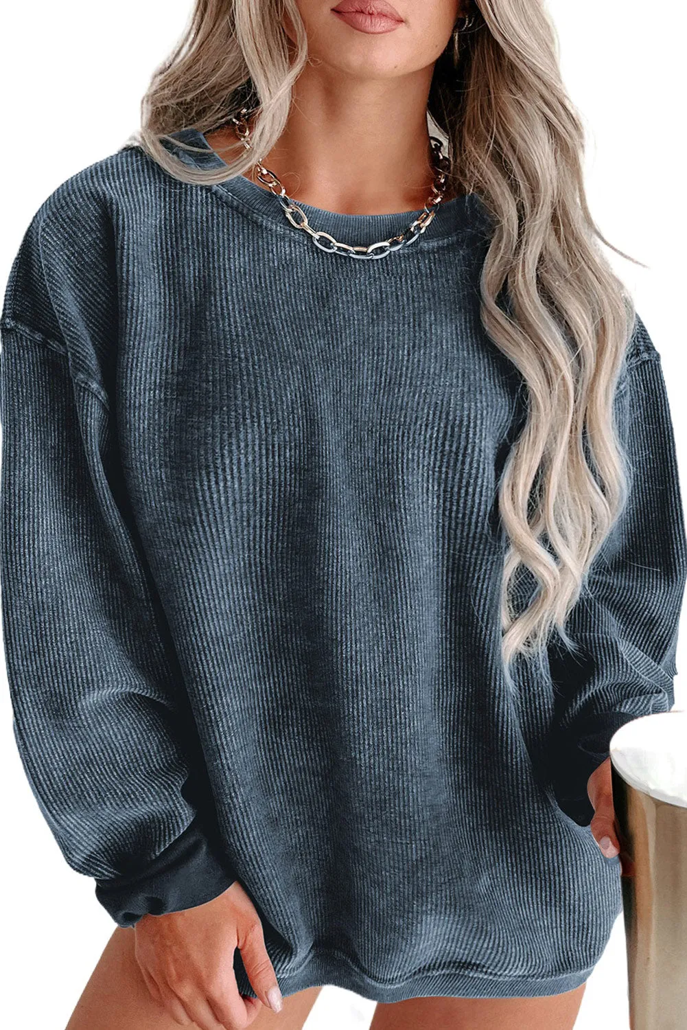 Khaki Solid Ribbed Knit Round Neck Pullover Sweatshirt