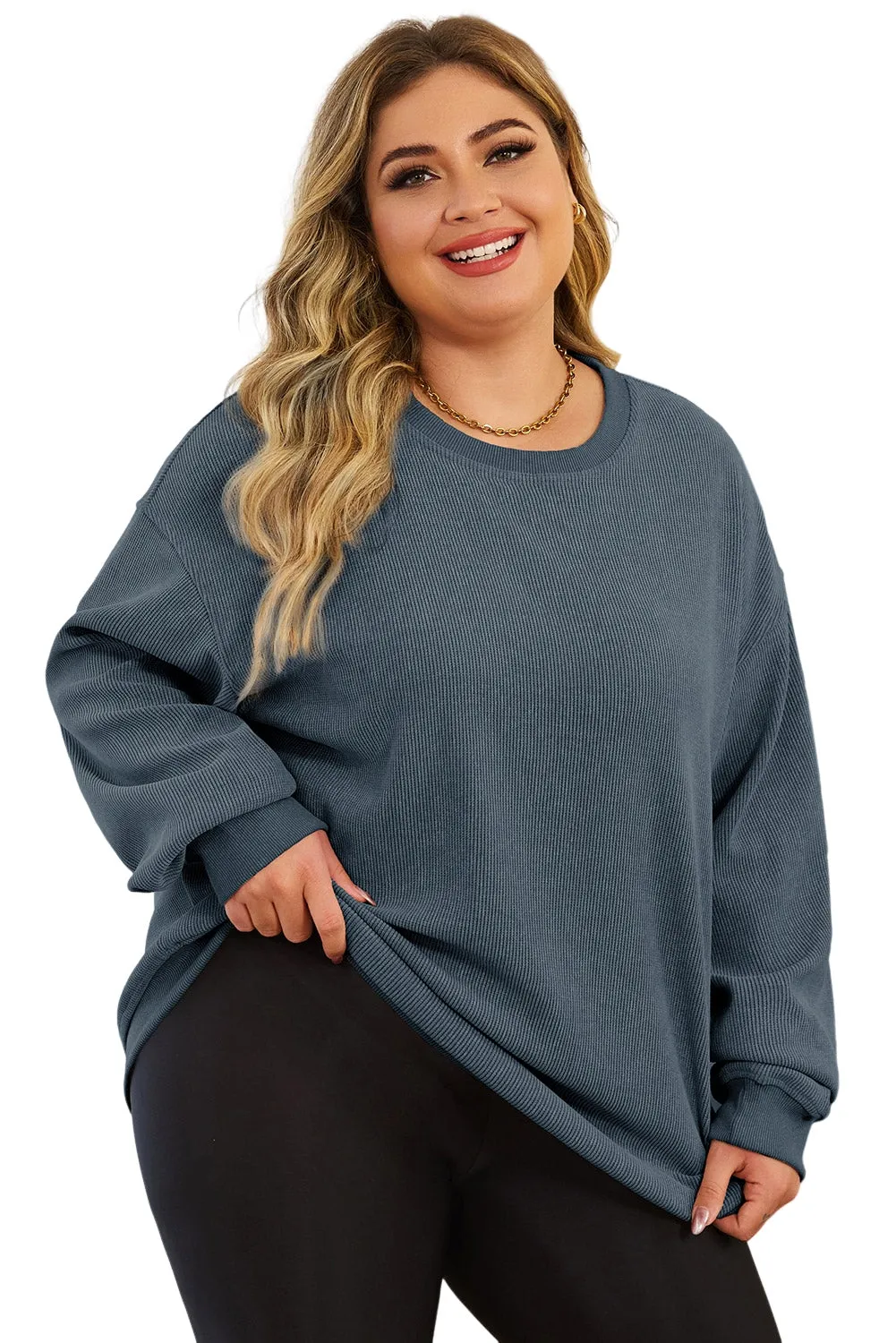 Khaki Solid Ribbed Knit Round Neck Pullover Sweatshirt