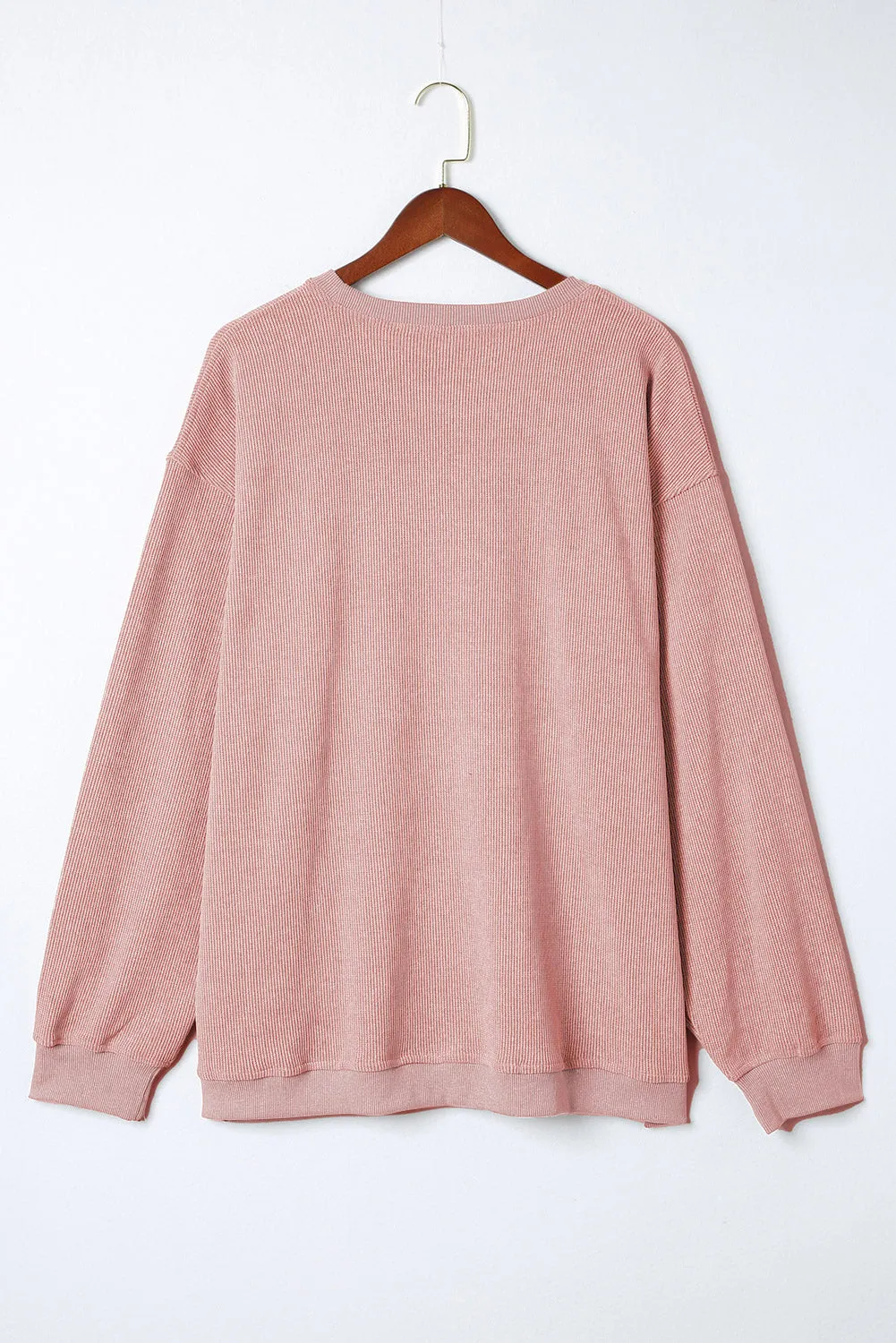 Khaki Solid Ribbed Knit Round Neck Pullover Sweatshirt