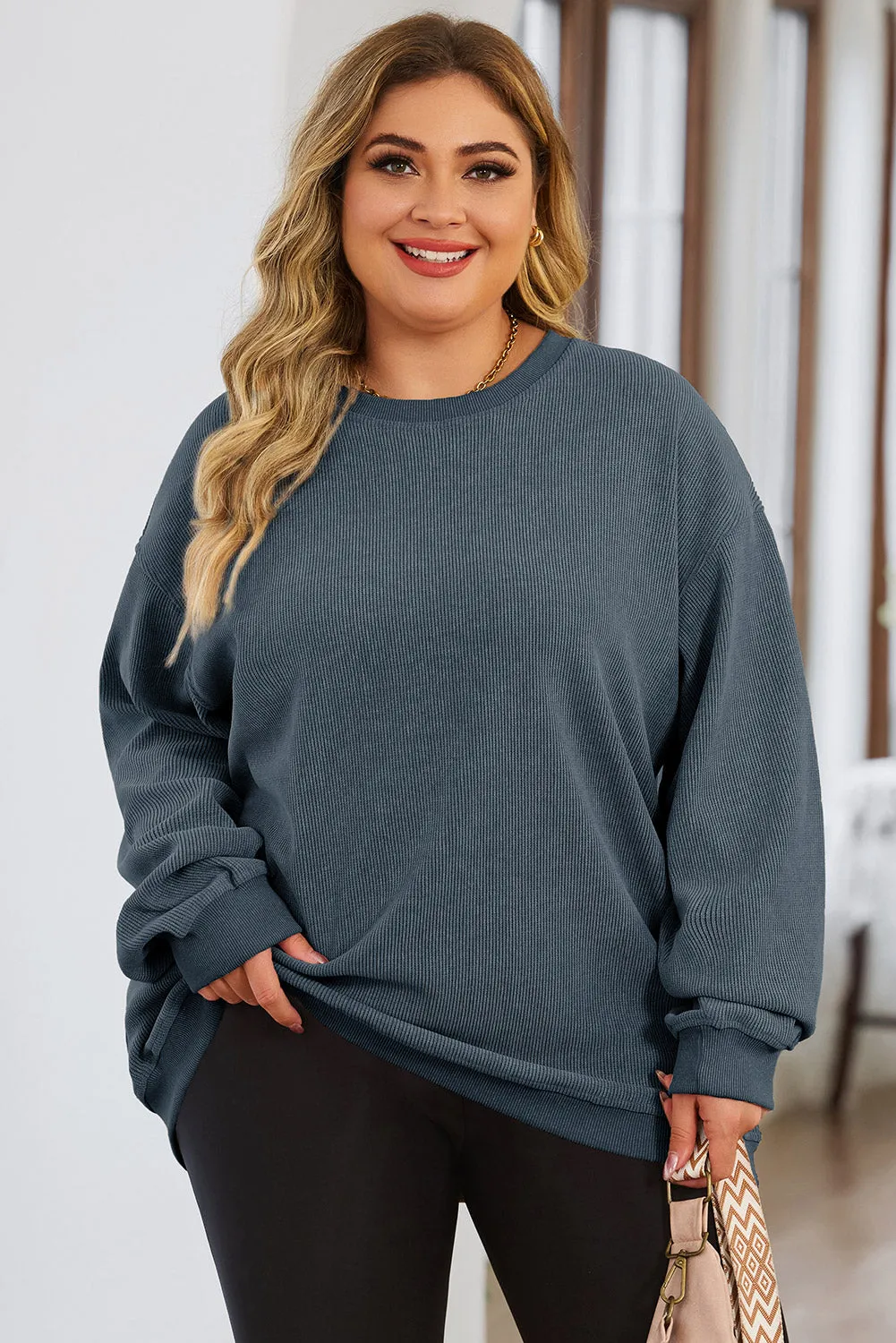 Khaki Solid Ribbed Knit Round Neck Pullover Sweatshirt