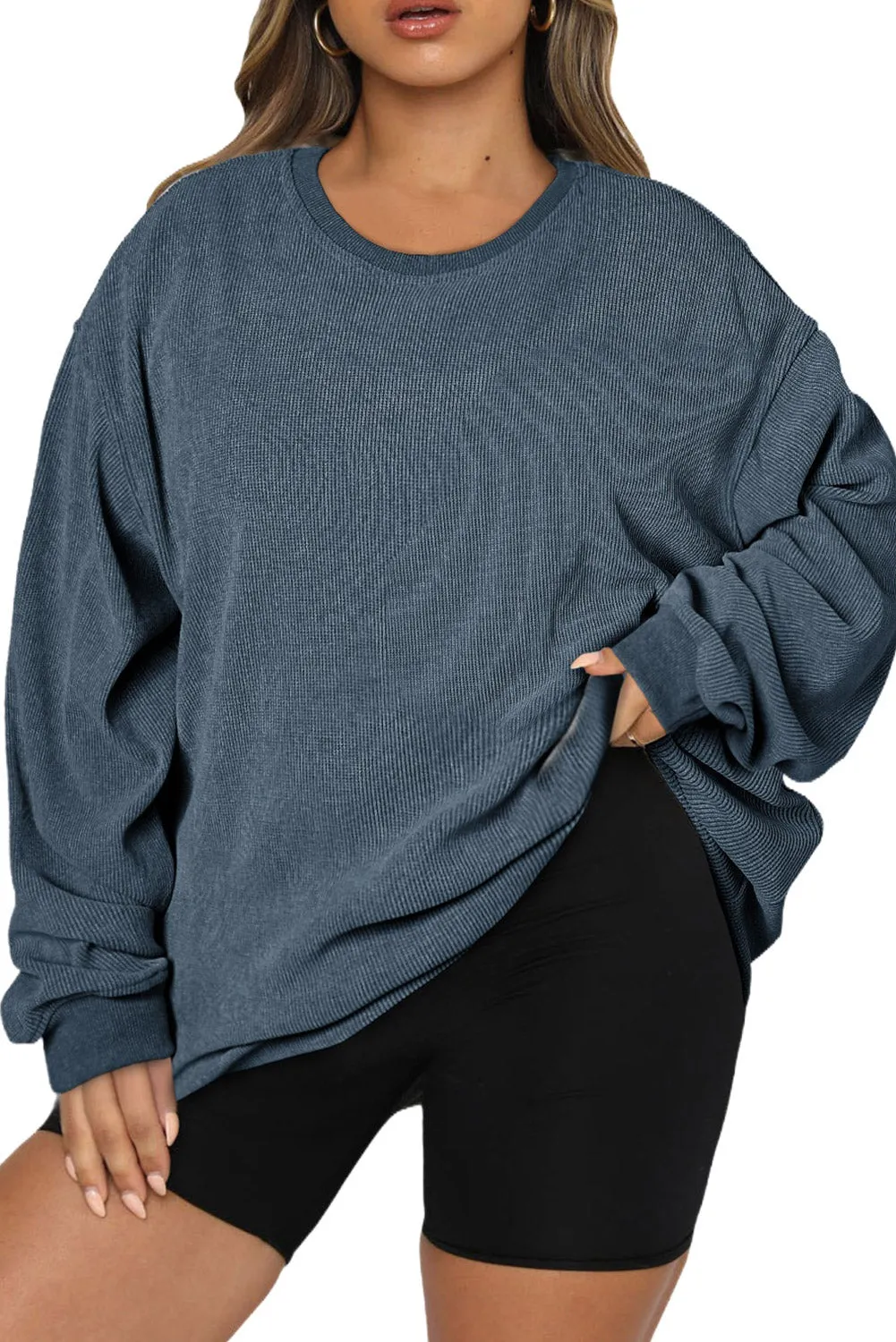 Khaki Solid Ribbed Knit Round Neck Pullover Sweatshirt