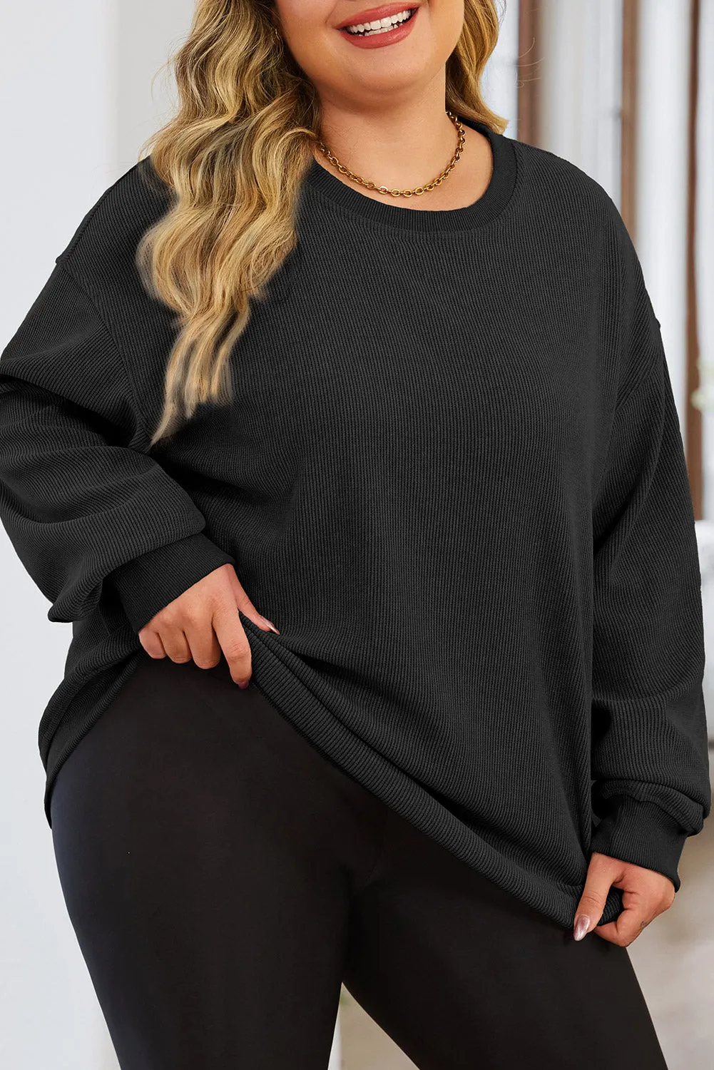 Khaki Solid Ribbed Knit Round Neck Pullover Sweatshirt