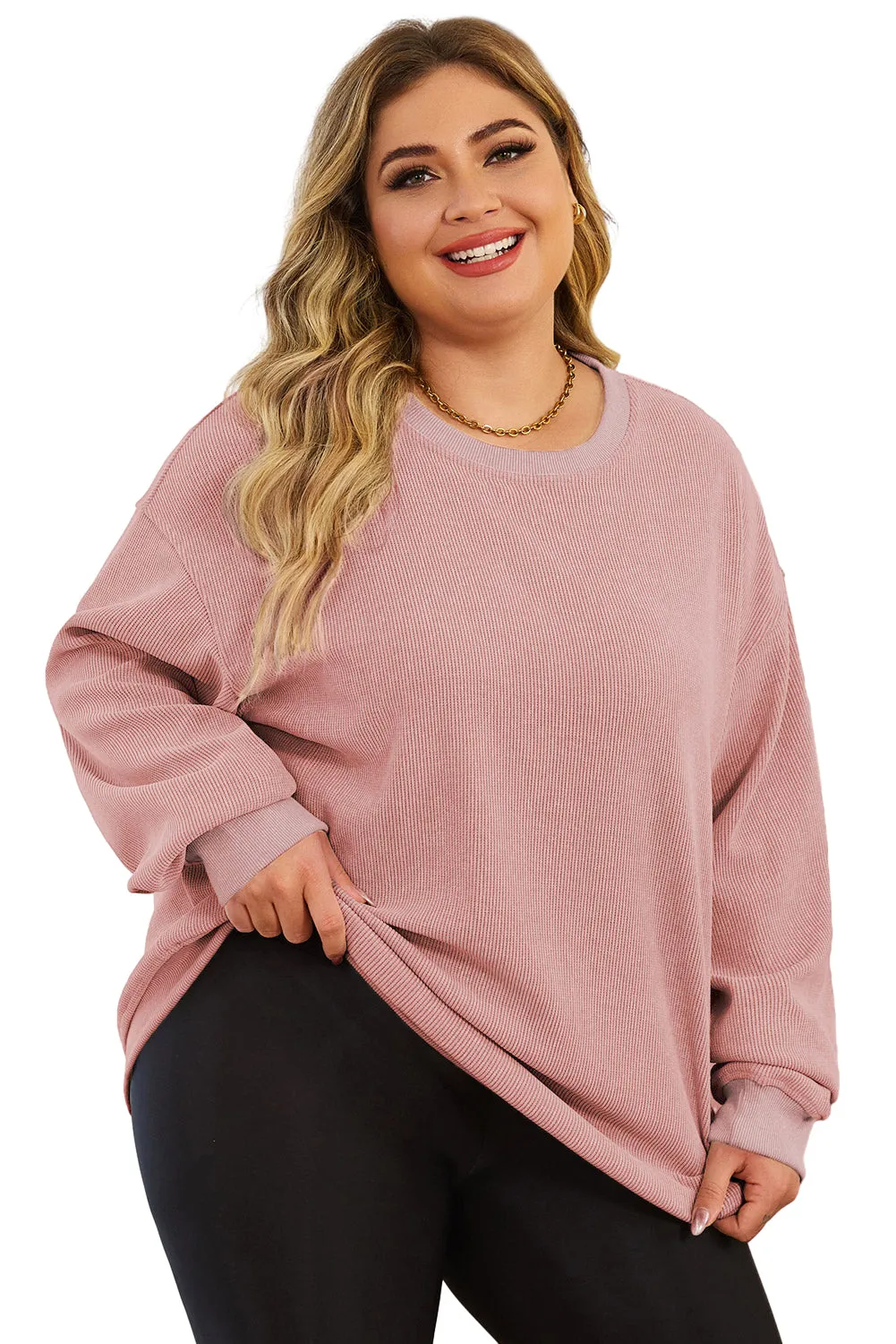 Khaki Solid Ribbed Knit Round Neck Pullover Sweatshirt