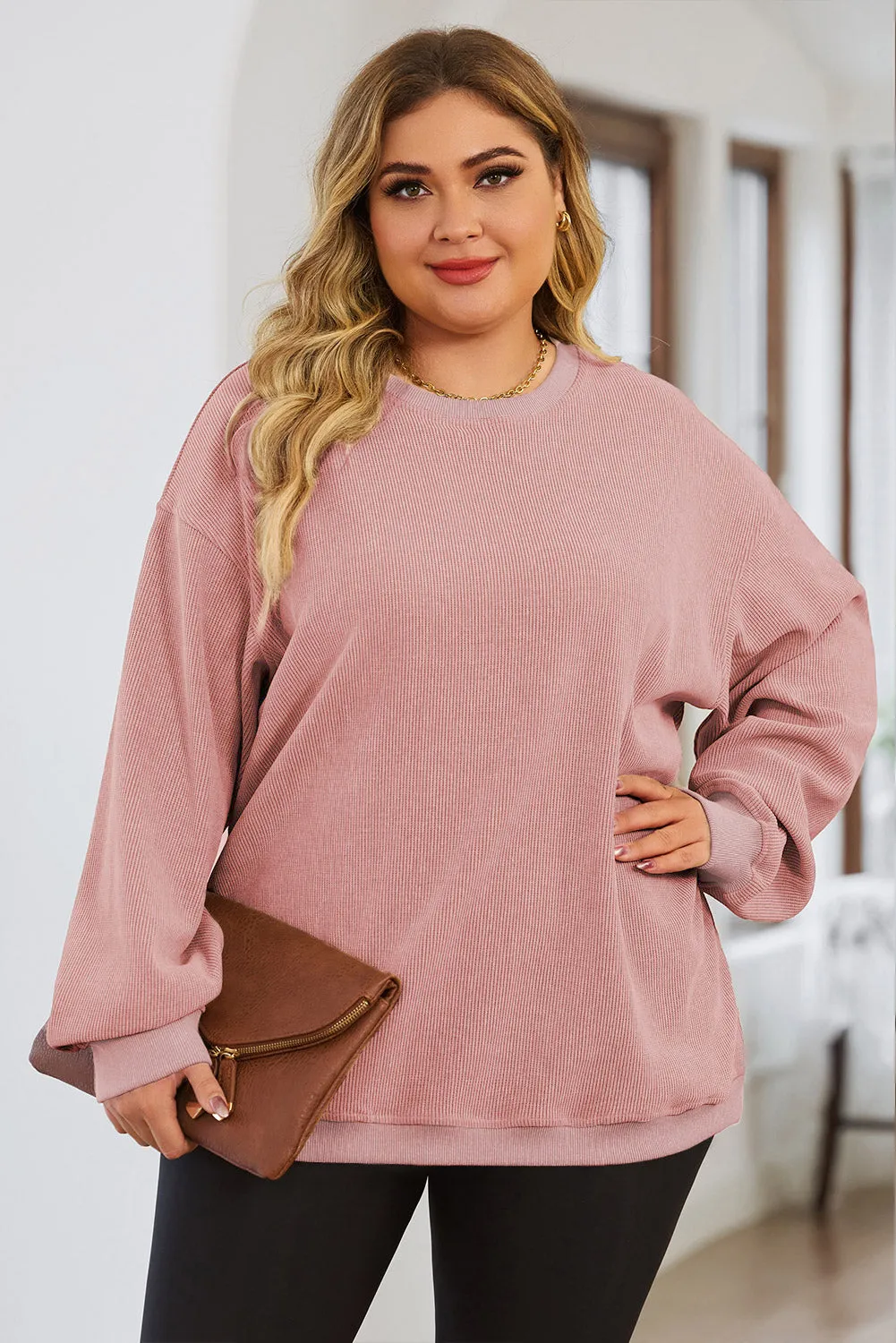 Khaki Solid Ribbed Knit Round Neck Pullover Sweatshirt