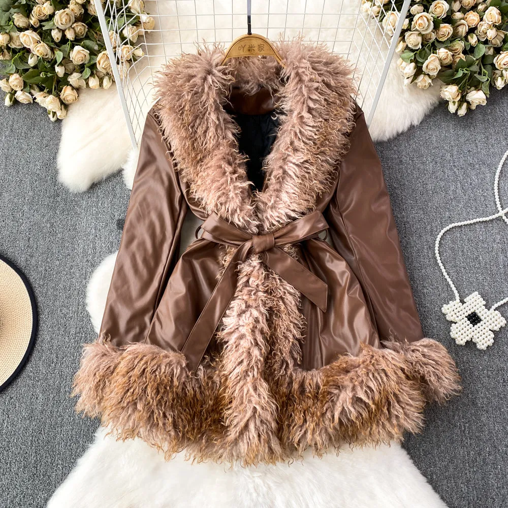 Lanfubeisi fall trends 2024 outfits Fur Integrated Retro Motorcycle Jacket Women's Autumn and Winter Loose Mid-Length Lace-up Thickened Fur Collar Jacket Top