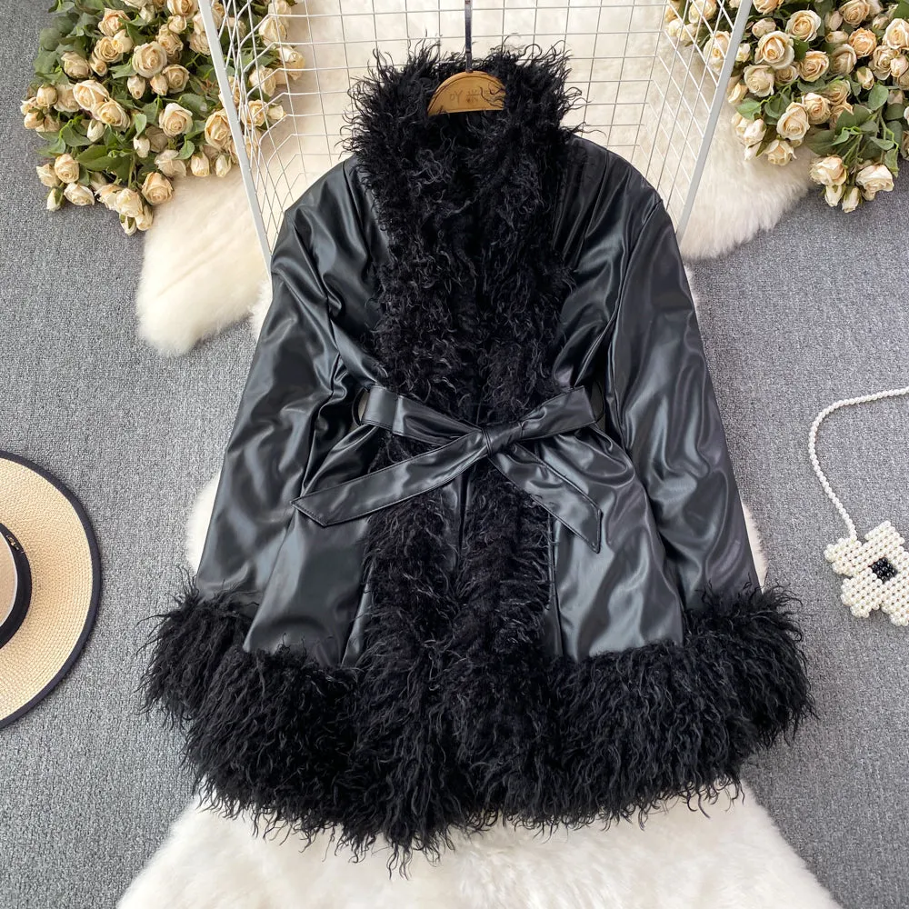 Lanfubeisi fall trends 2024 outfits Fur Integrated Retro Motorcycle Jacket Women's Autumn and Winter Loose Mid-Length Lace-up Thickened Fur Collar Jacket Top