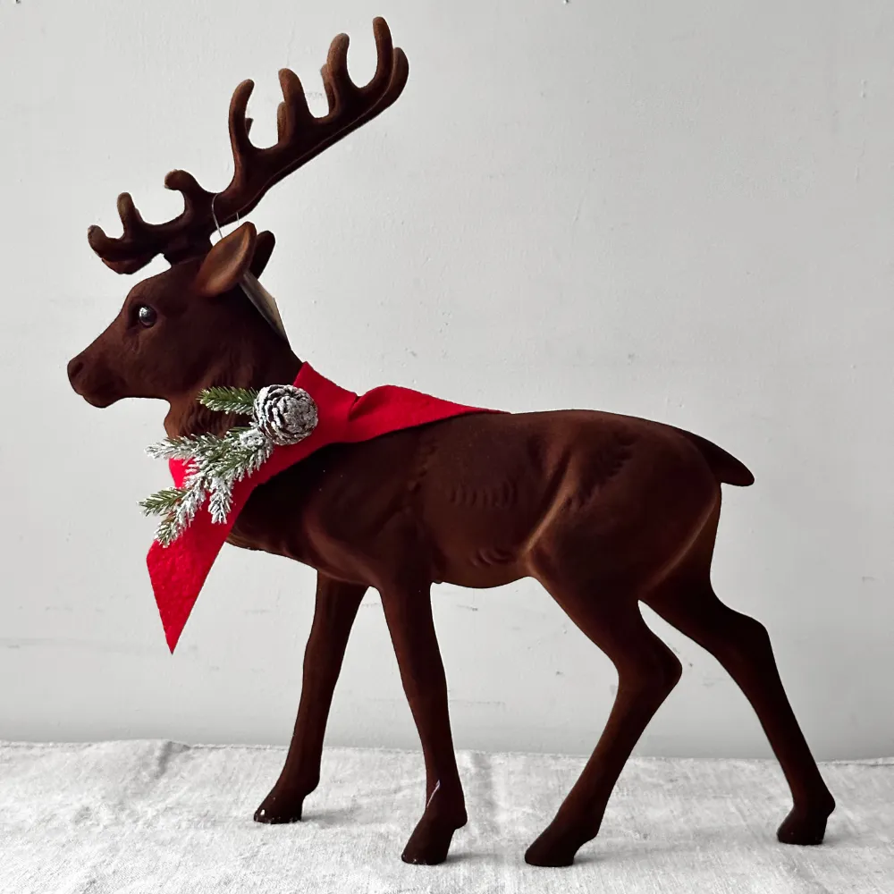 Large Flocked Brown Reindeer with Red Scarf