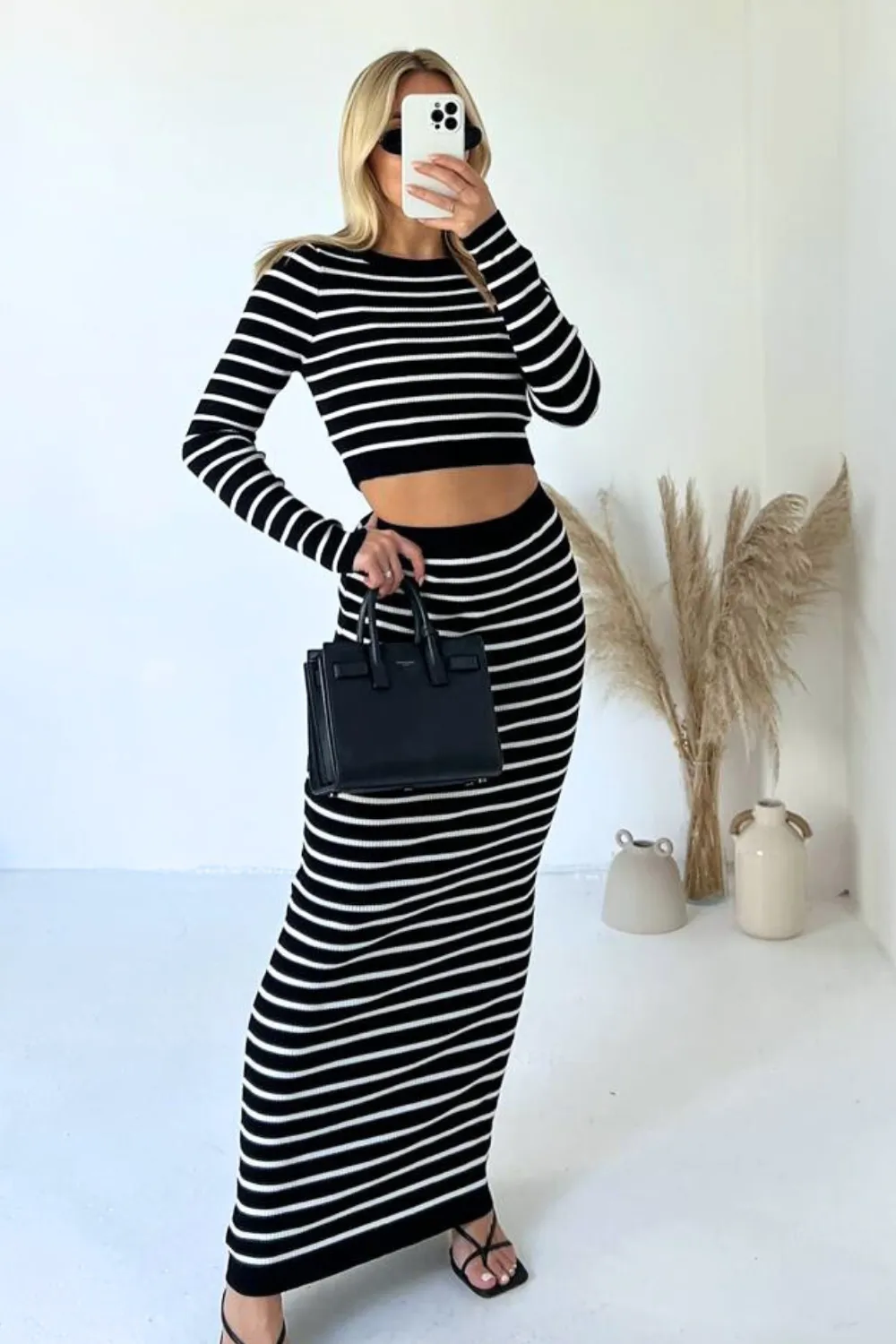 Leila black and white striped knitted crop and maxi skirt co-ord