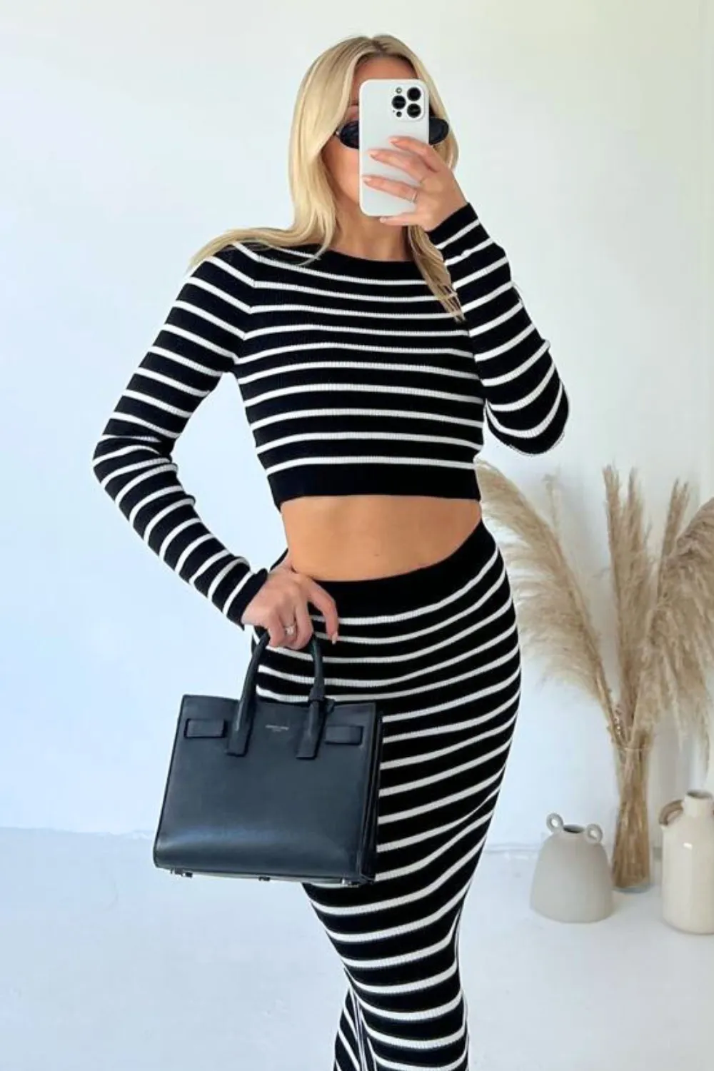 Leila black and white striped knitted crop and maxi skirt co-ord