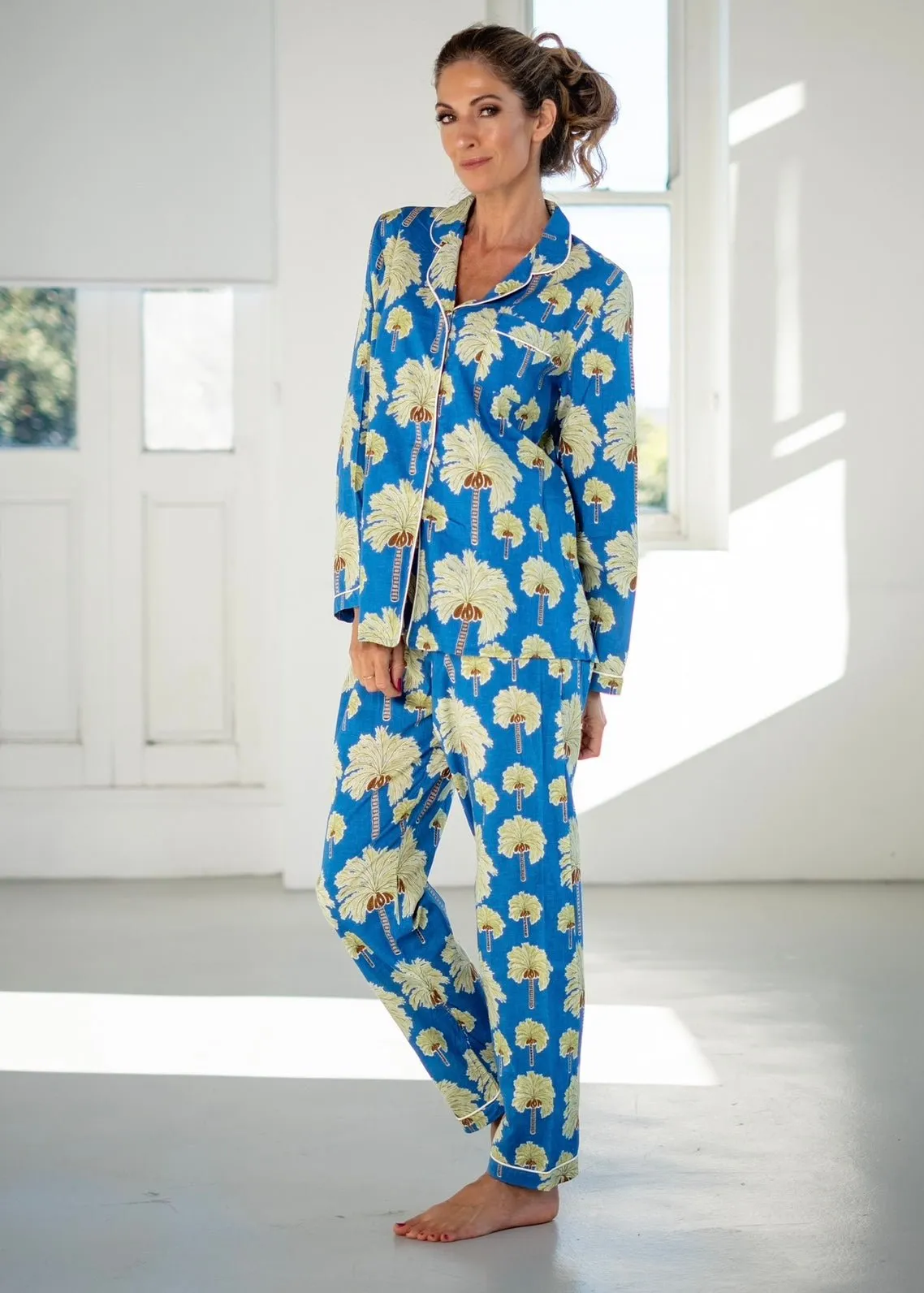 Long Sleeve Pyjama Set With Palm Print In Blue