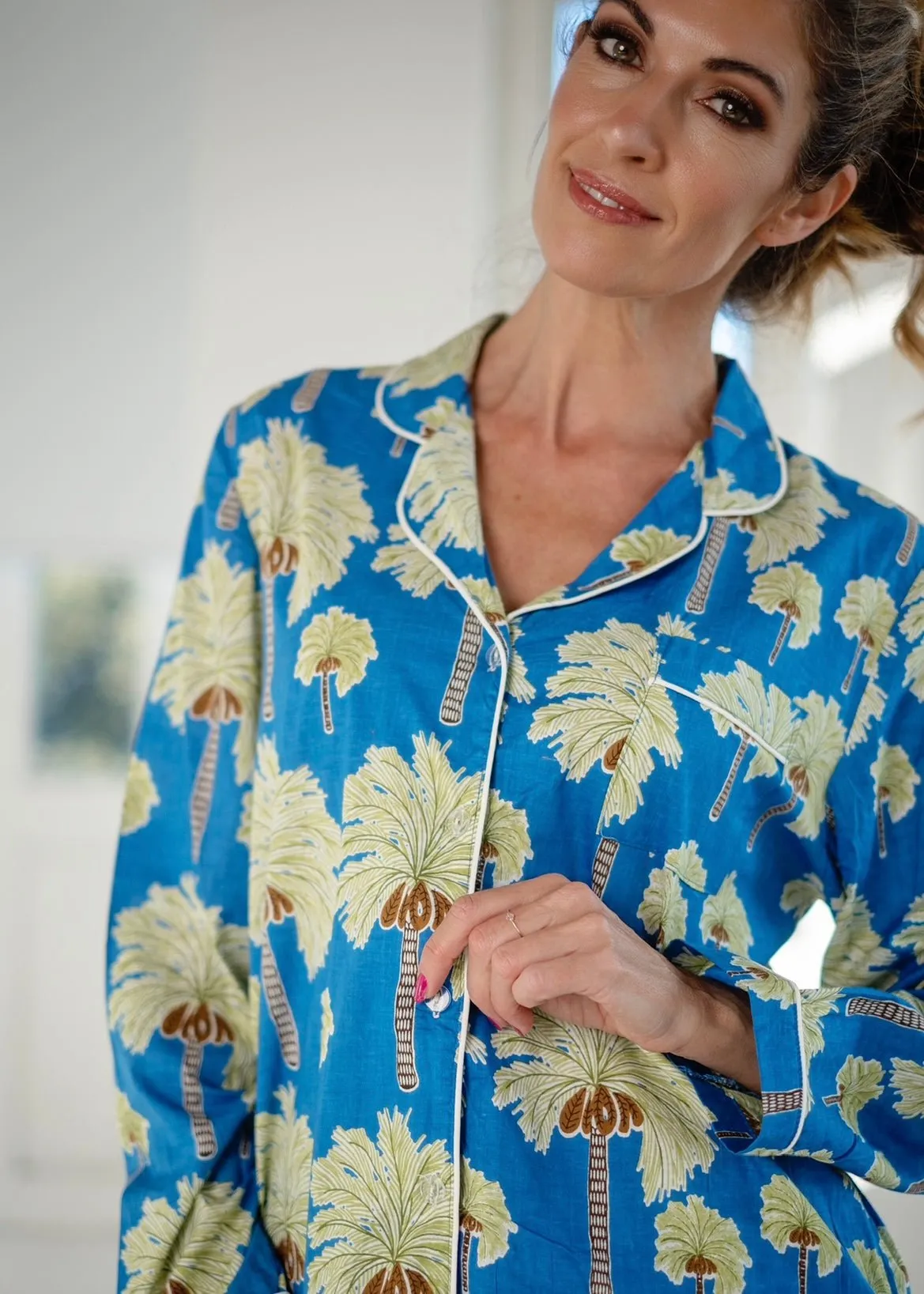 Long Sleeve Pyjama Set With Palm Print In Blue