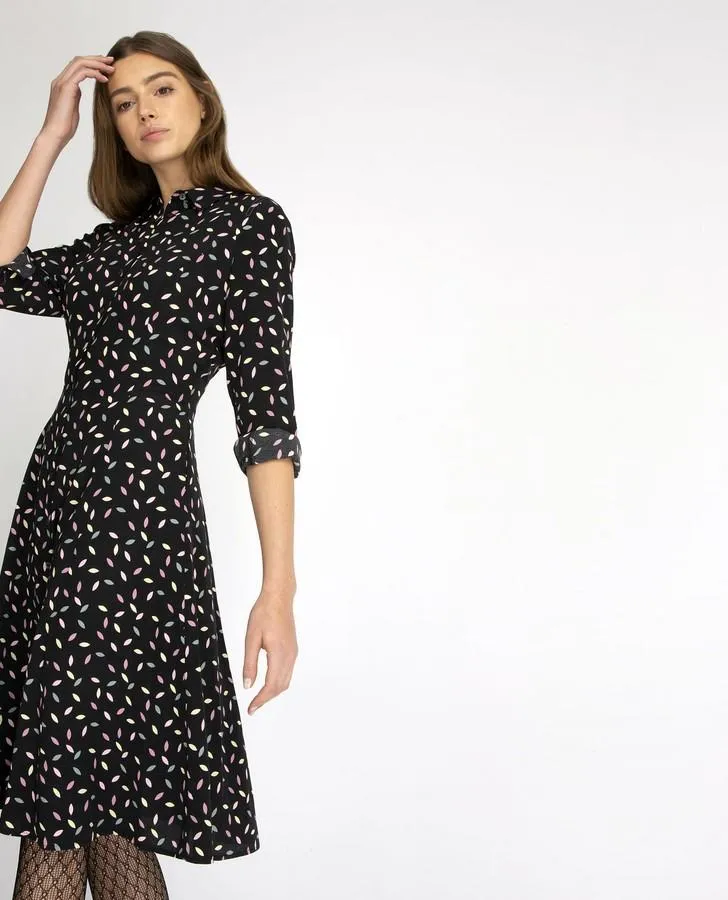 Long Sleeve Scattered Leaf Shirt Dress