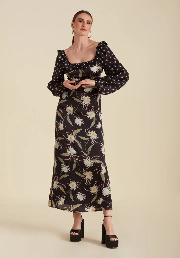 Martha Square Neck Moonflower Print Midi Dress In Navy