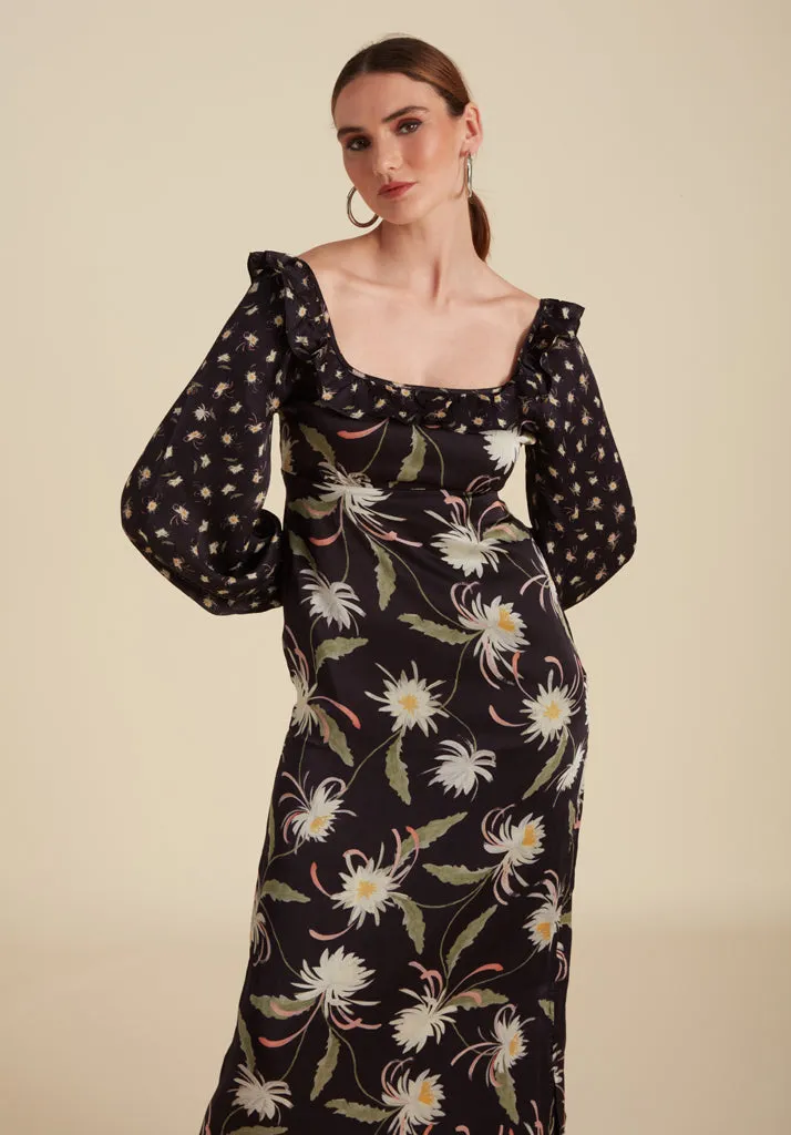 Martha Square Neck Moonflower Print Midi Dress In Navy