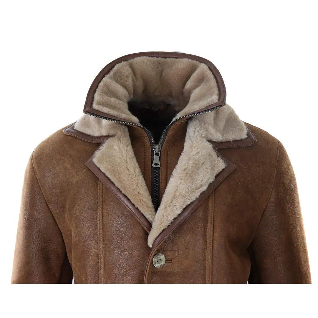 Mens 3/4 Duffle Jacket Real Sheepskin Long Smart Casual Button Zip Warm Coat