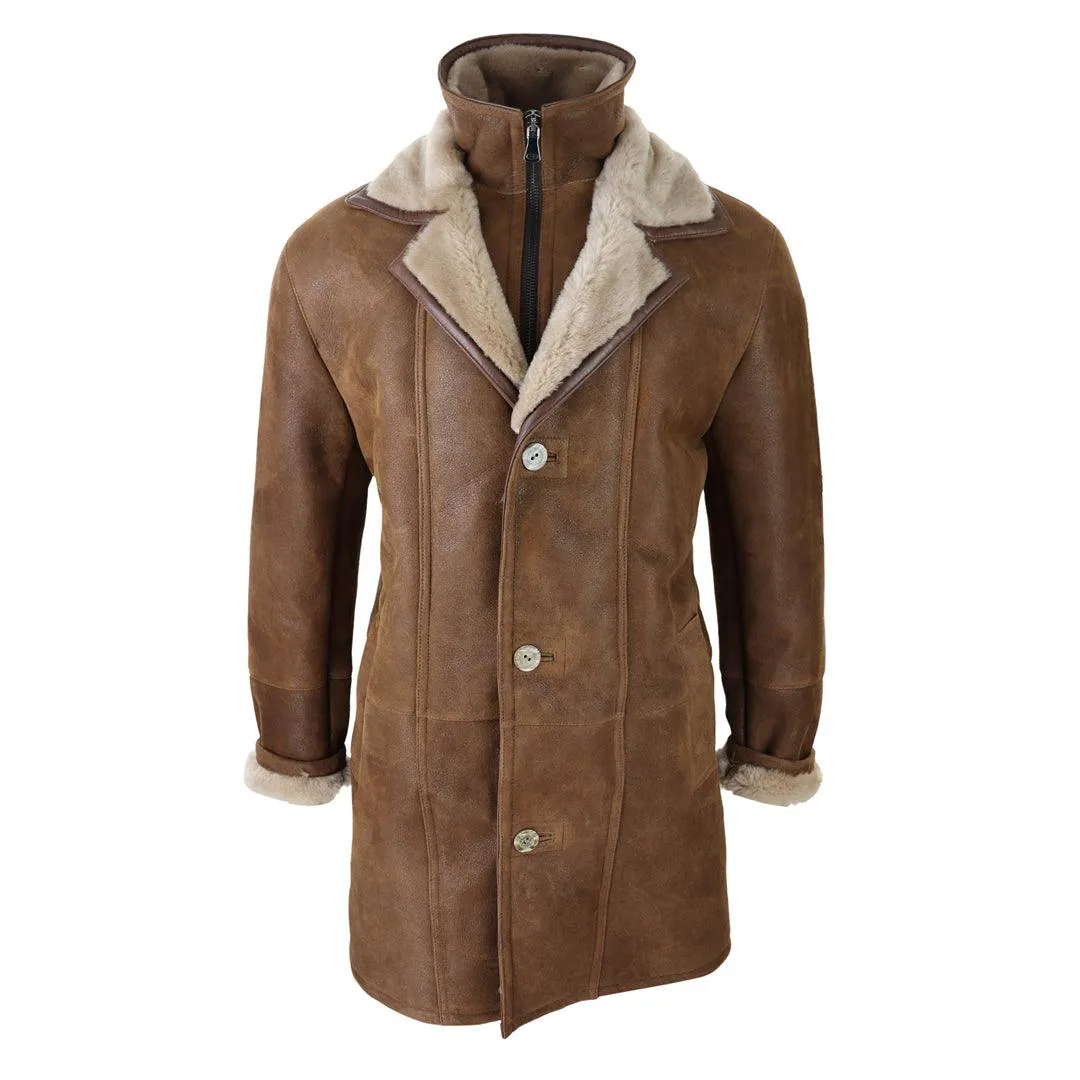 Mens 3/4 Duffle Jacket Real Sheepskin Long Smart Casual Button Zip Warm Coat