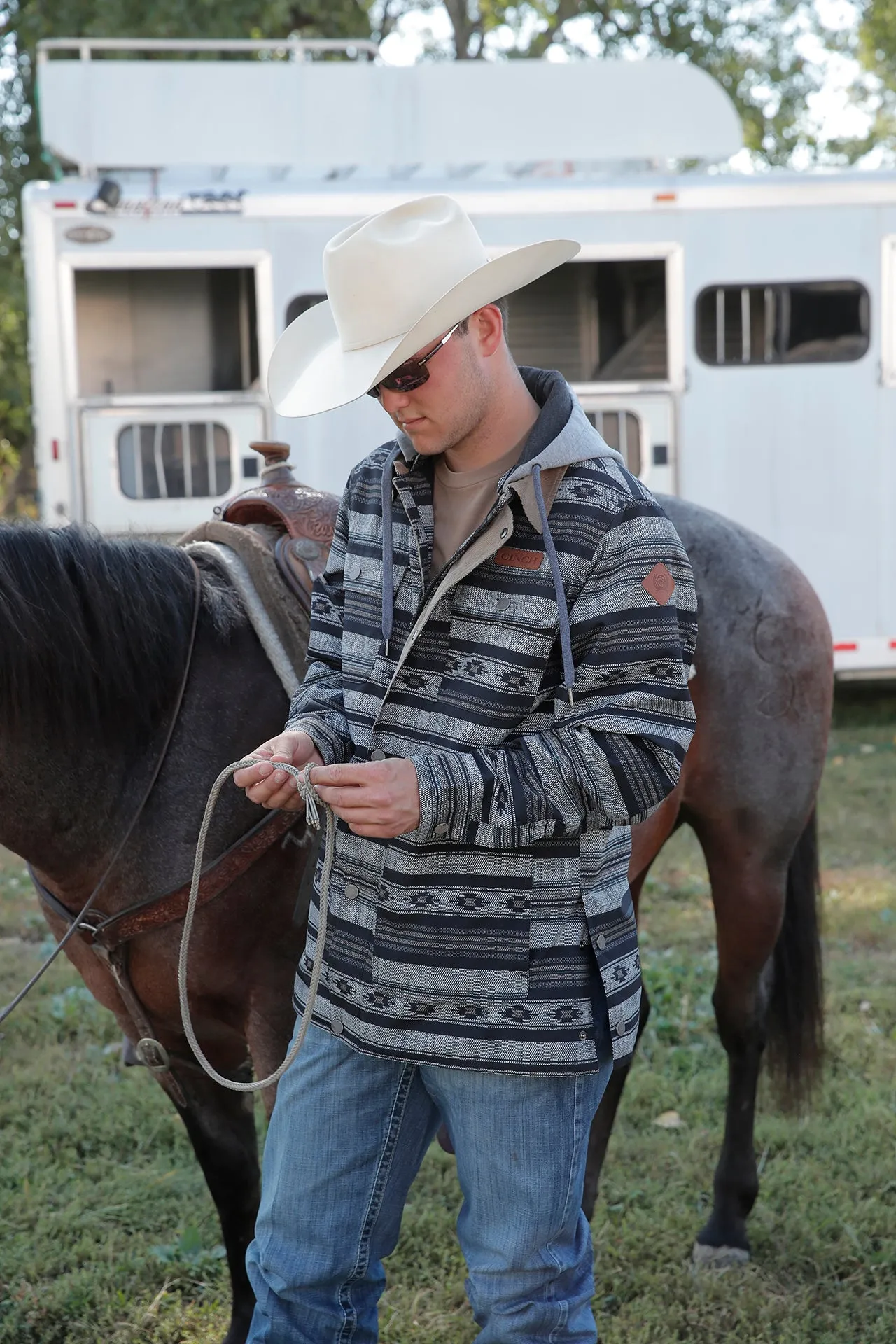 Men's Cinch Blue/Gray Southwest Print Canvas Barn Coat with Removable Hood