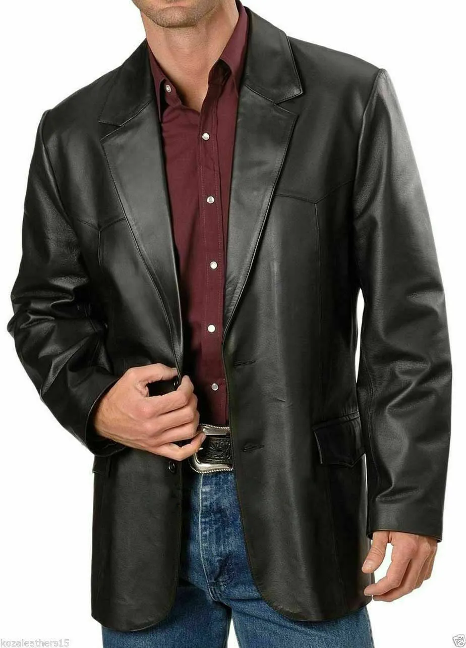 Men's Genuine Lambskin Leather Blazer Jacket Coat Two Button Black Regular Fit Coat