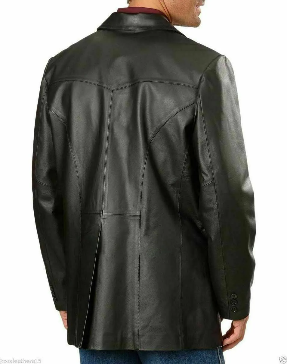 Men's Genuine Lambskin Leather Blazer Jacket Coat Two Button Black Regular Fit Coat