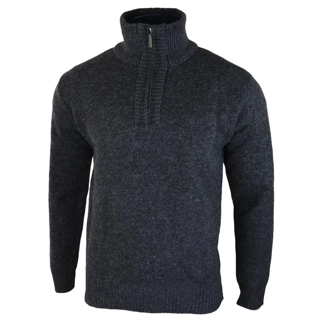 Mens Jumper Fleece Fur Lined Pullover Knitted Warm Winter Casual Half Zip