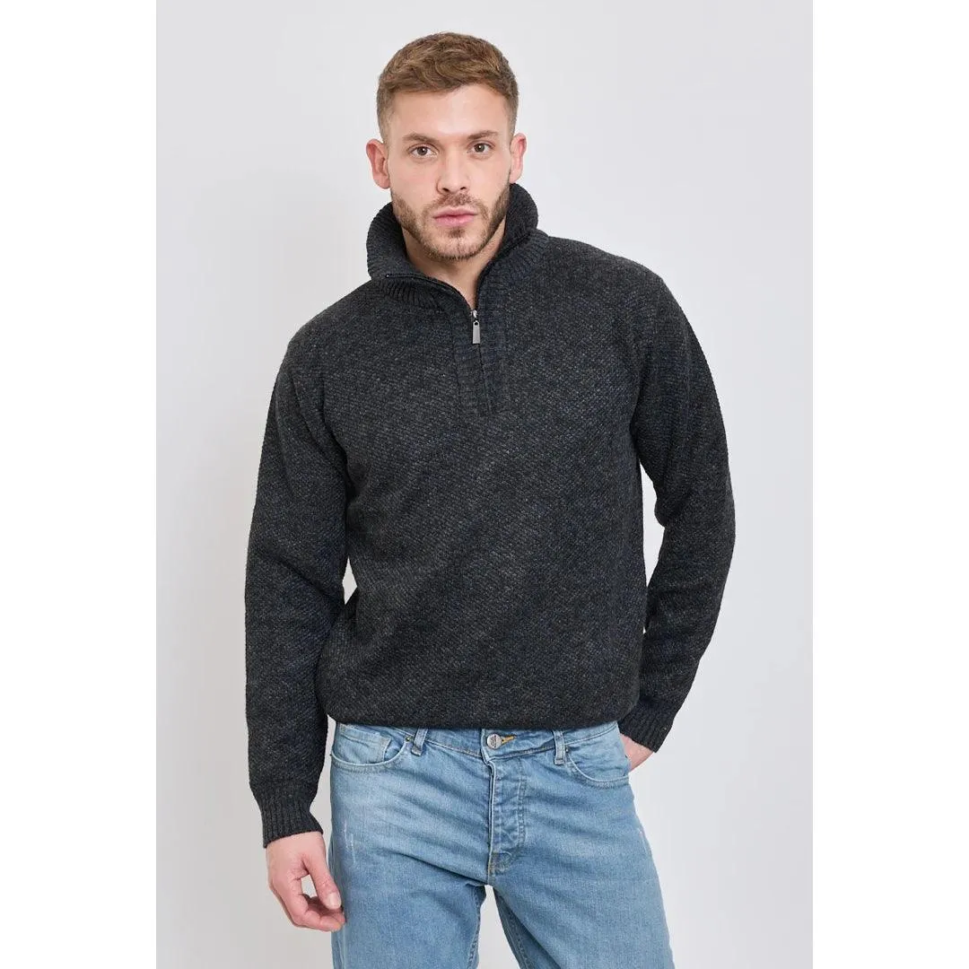 Mens Jumper Fleece Fur Lined Pullover Knitted Warm Winter Casual Half Zip