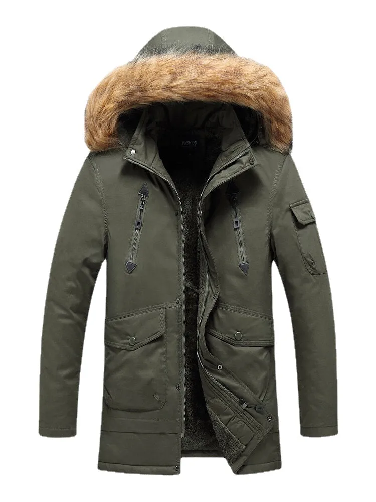 Mens Multi Pocket Detachable Faux Fur Hooded Collar Thicken Warm Coats