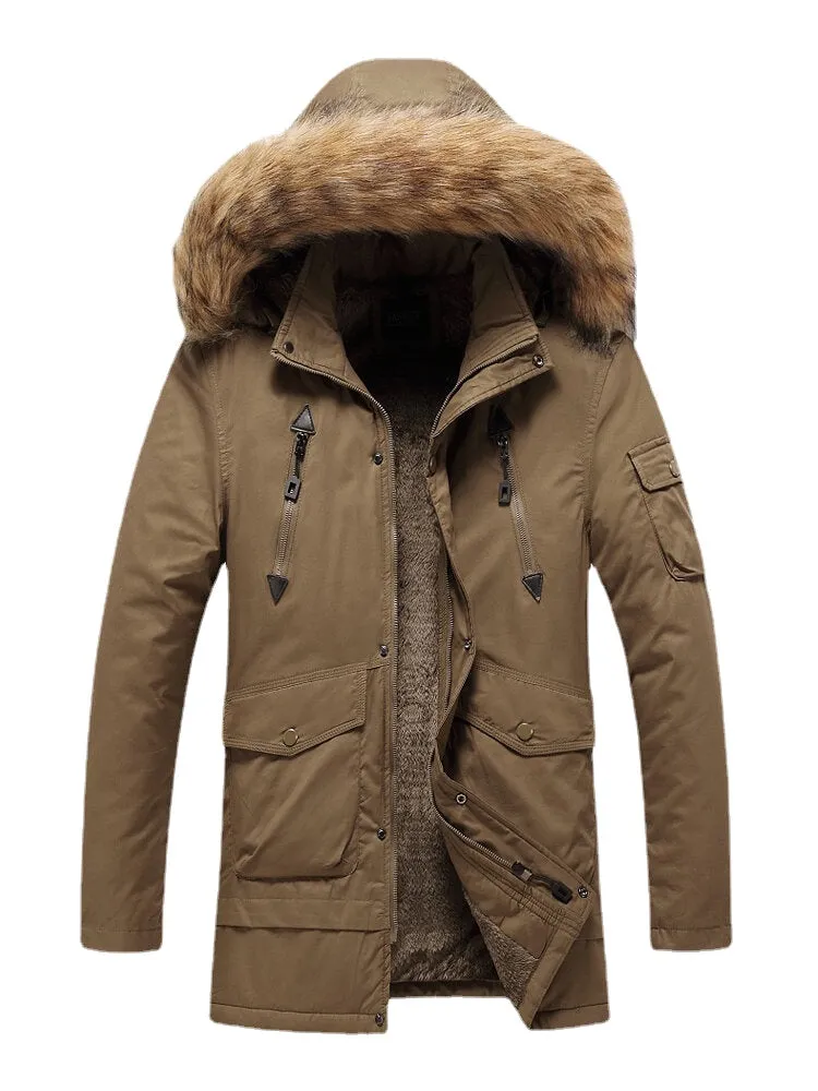 Mens Multi Pocket Detachable Faux Fur Hooded Collar Thicken Warm Coats