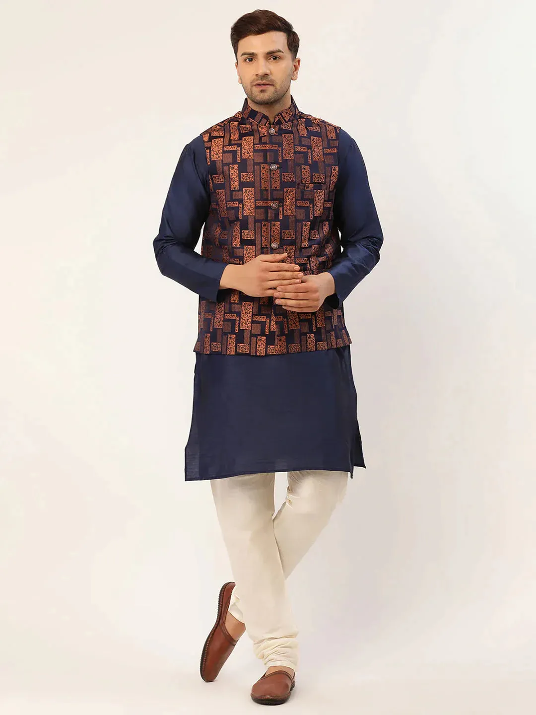 Men'S Solid Kurta Pyjama With Bronze Woven Design Nehru Jacket