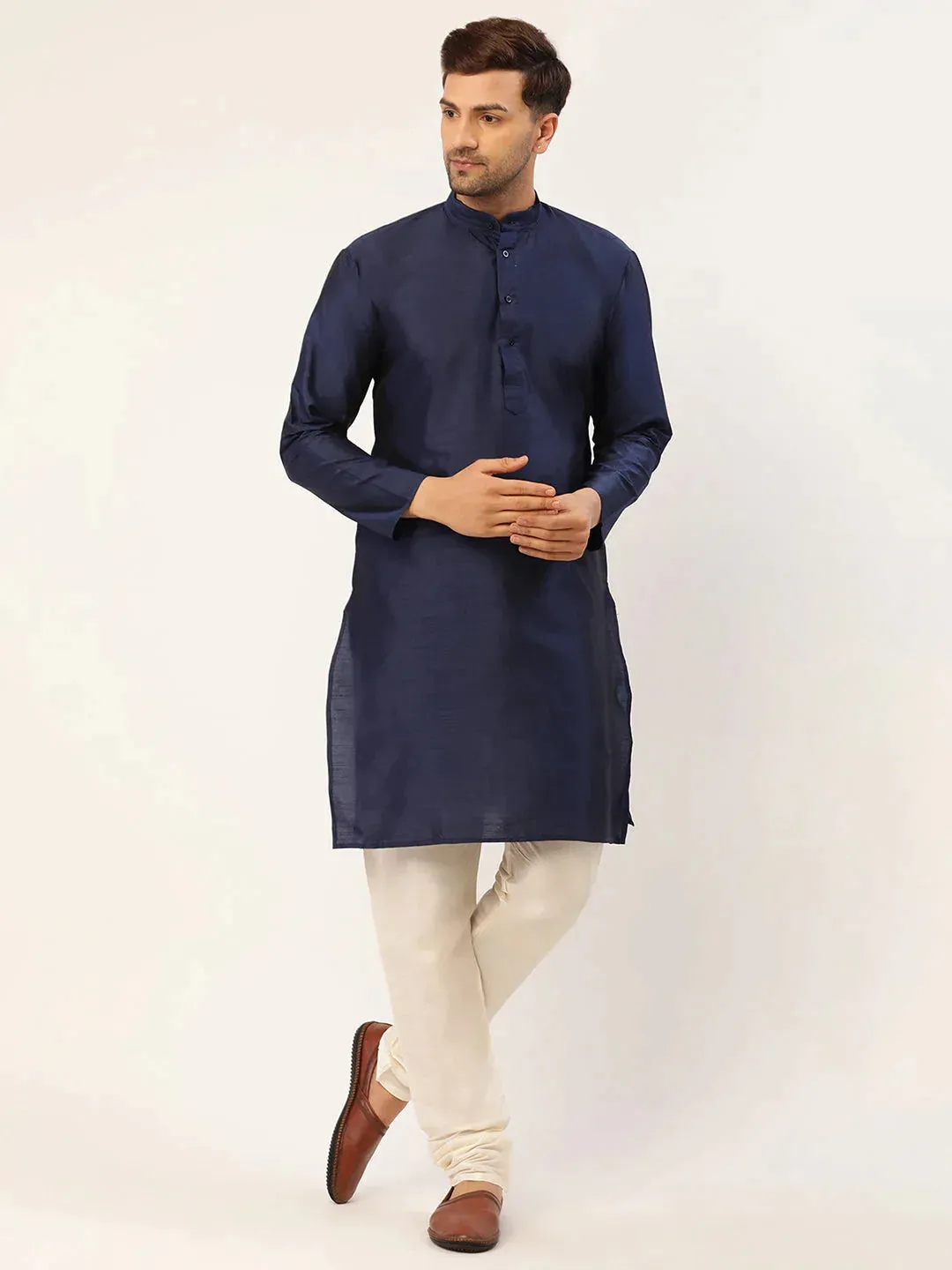 Men'S Solid Kurta Pyjama With Bronze Woven Design Nehru Jacket