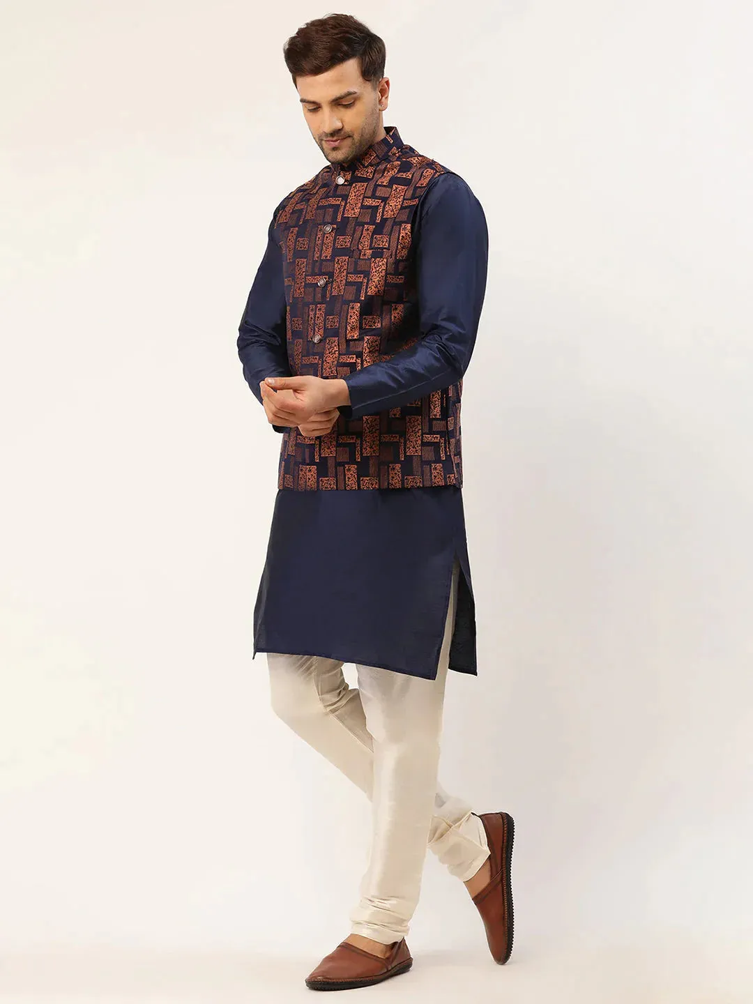 Men'S Solid Kurta Pyjama With Bronze Woven Design Nehru Jacket