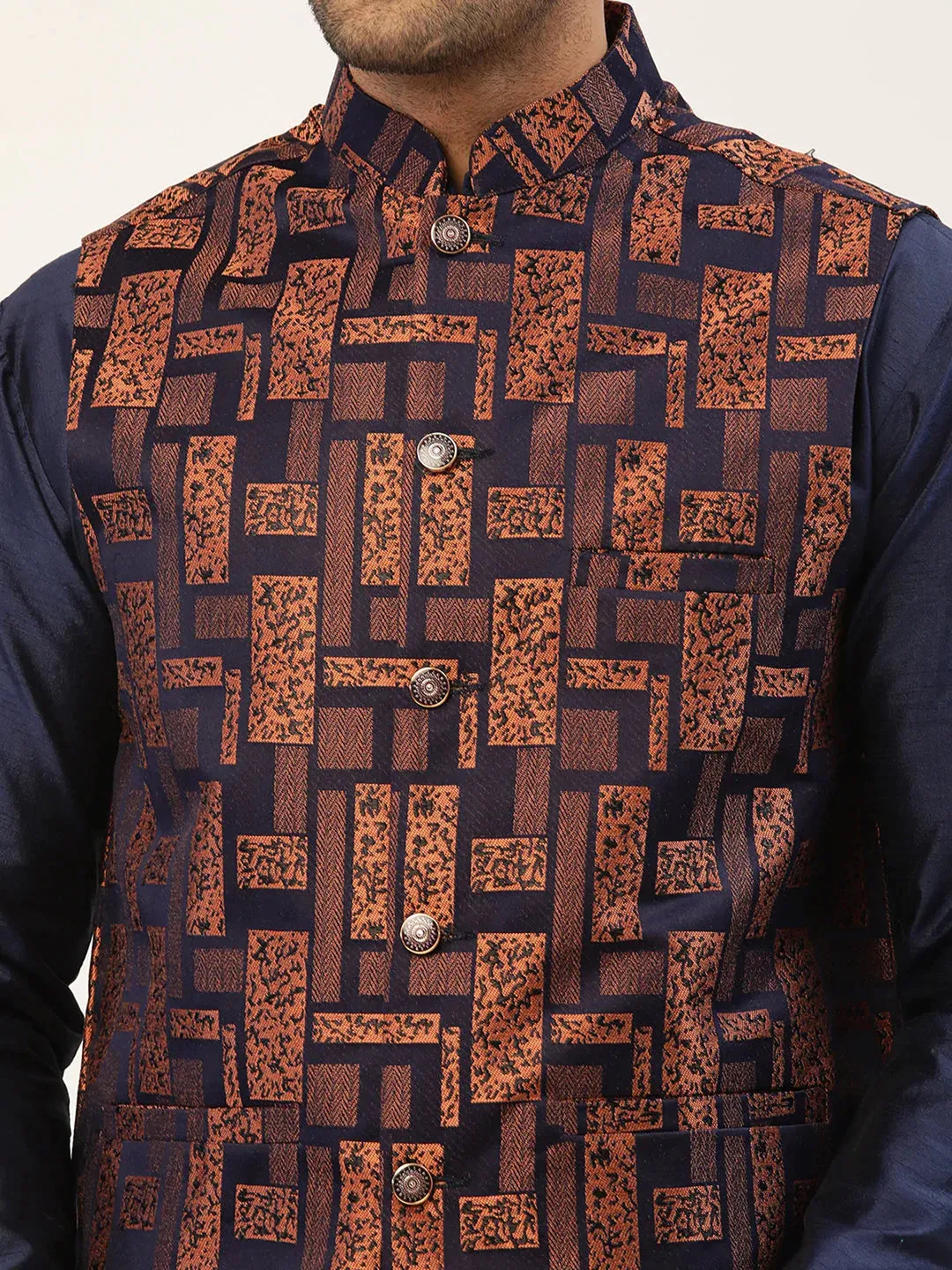 Men'S Solid Kurta Pyjama With Bronze Woven Design Nehru Jacket