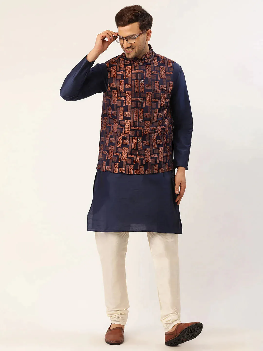 Men'S Solid Kurta Pyjama With Bronze Woven Design Nehru Jacket