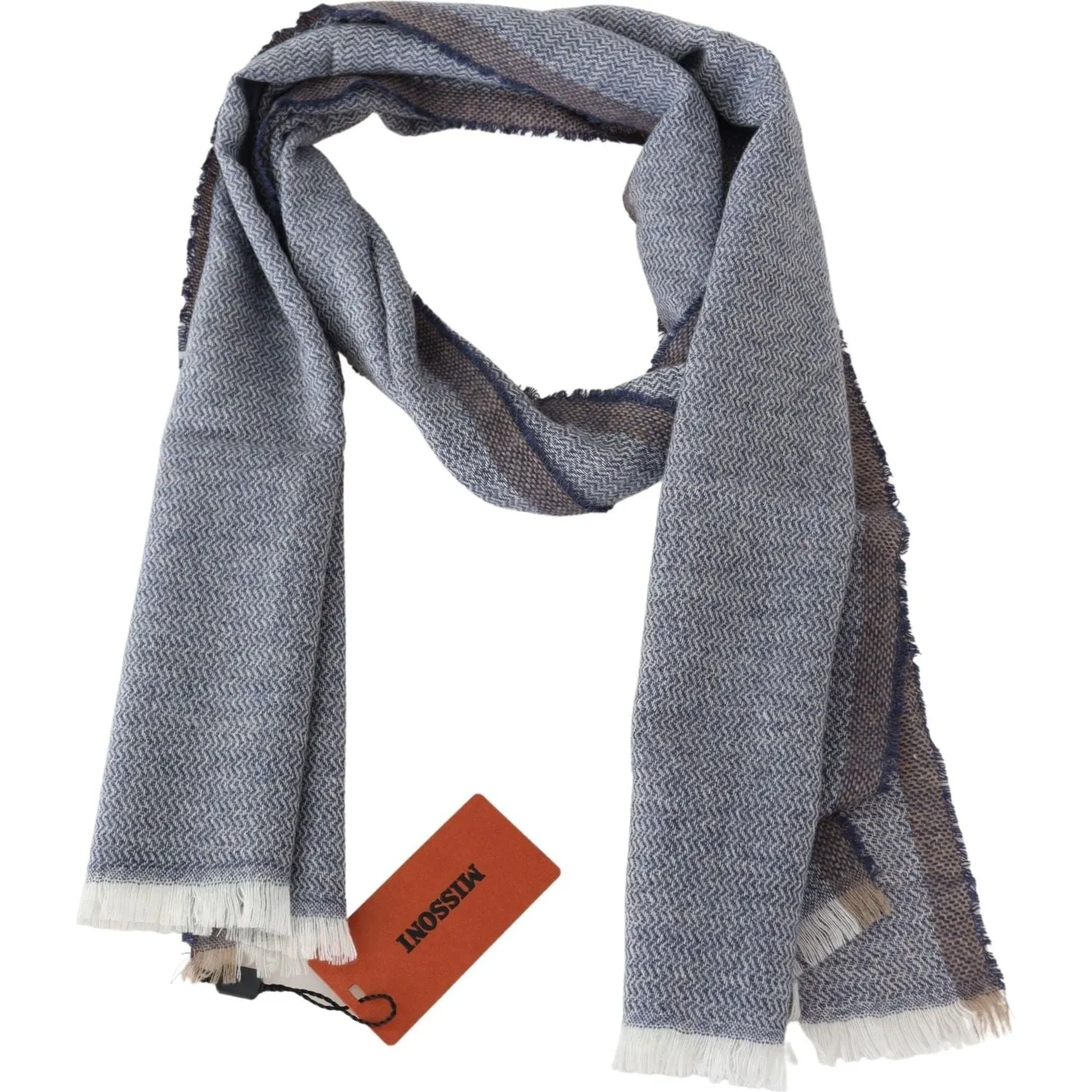 Missoni Elegant Gray Wool Scarf with Stripes and Fringes