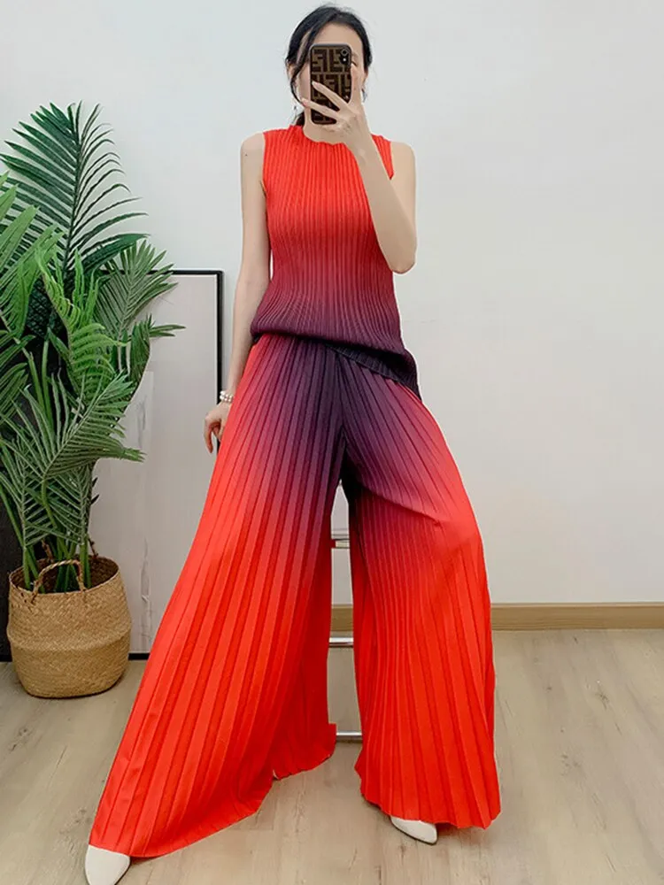 Miyake Pleated Gradient Top and Wide Leg Pants Set