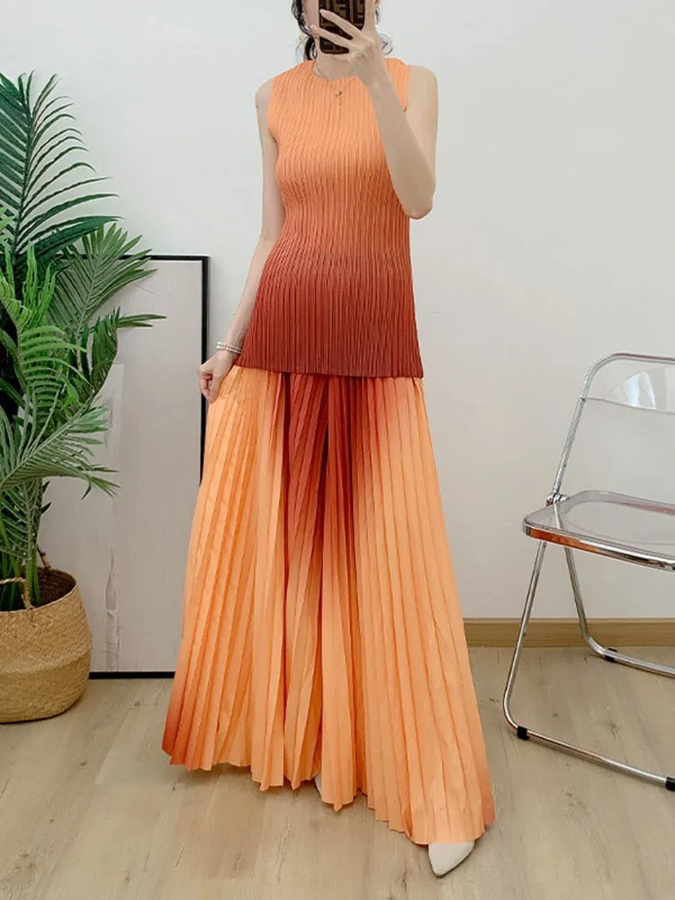 Miyake Pleated Gradient Top and Wide Leg Pants Set