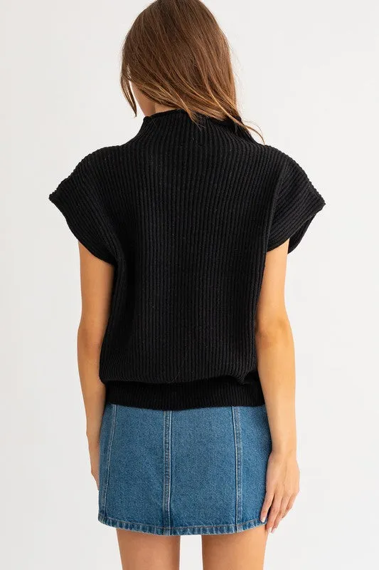 Mock Turtle Neck Power Shoulder Sweater in Black