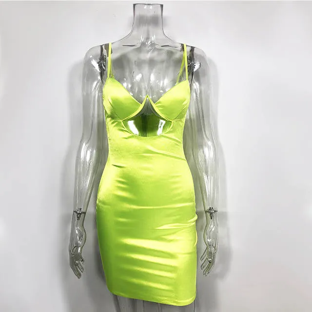 Neon satin cutout detail bodycon dress