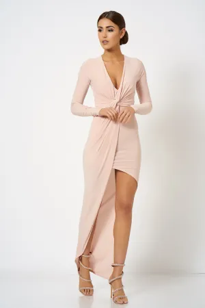 Nude Pink Asymmetric Knot Front Maxi Dress