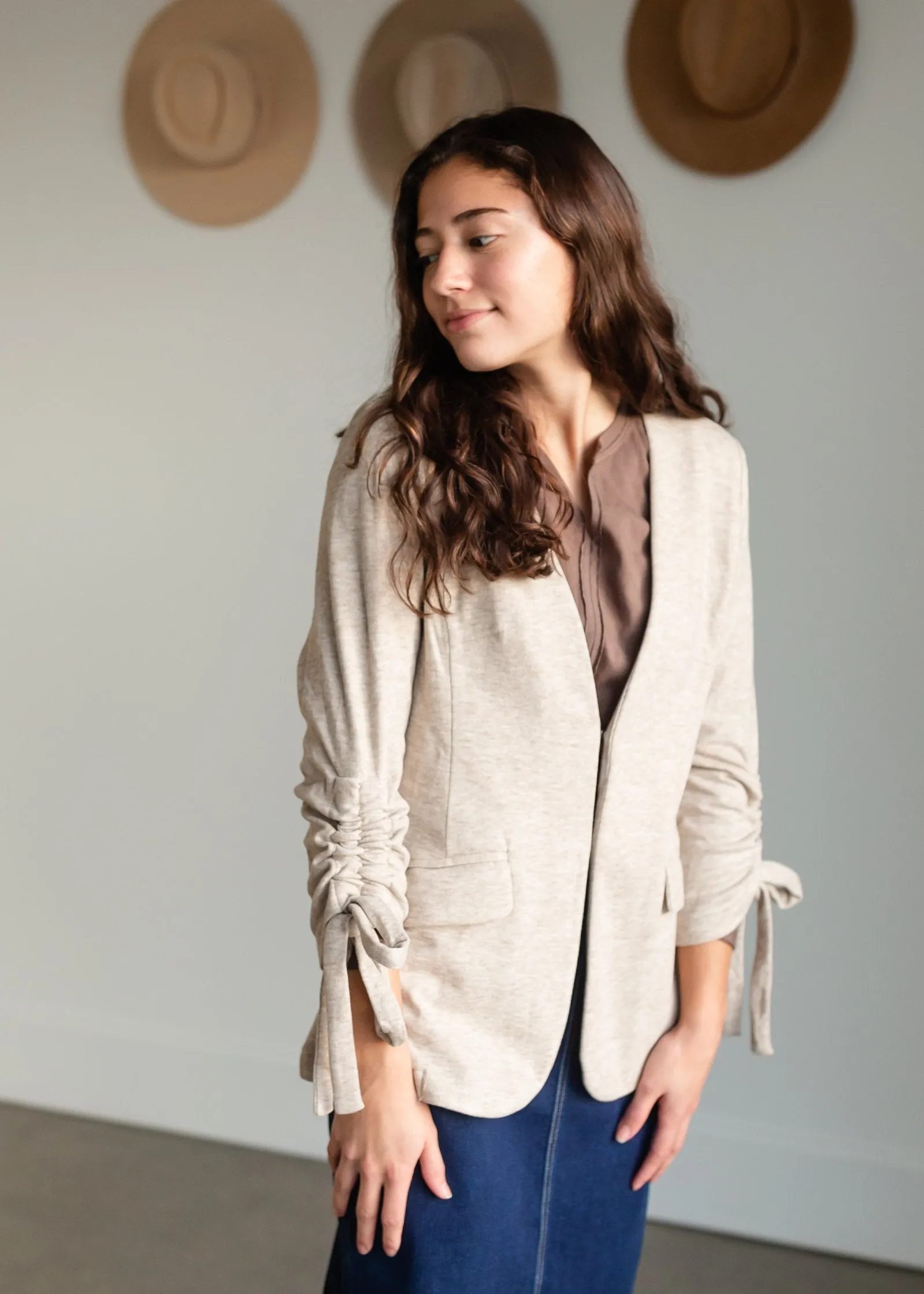 Oatmeal Cinch Sleeve Button Front Blazer