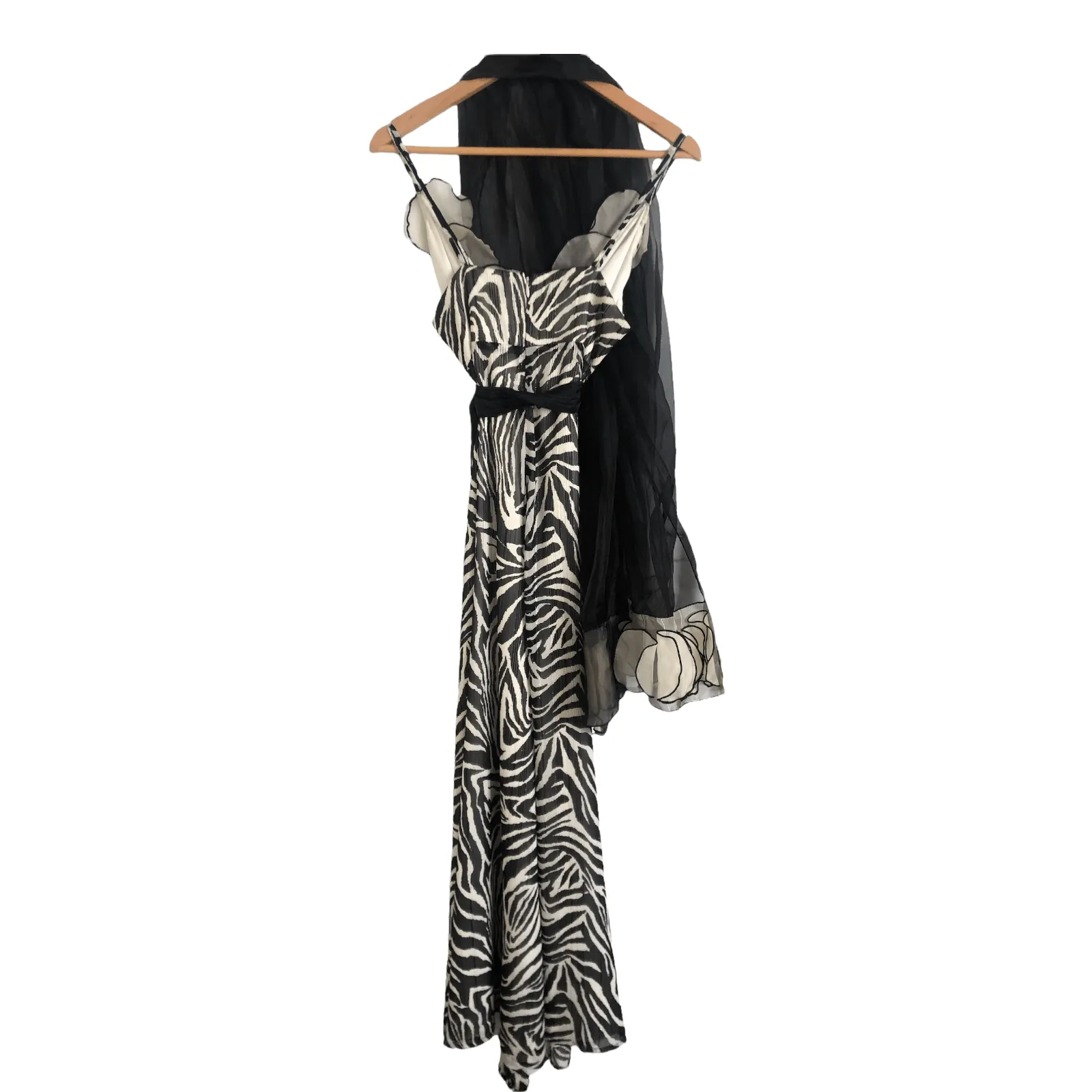 Oky-Coky 100% Silk Chiffon Sleeveless Maxi Dress w/ Sash & Shawl Black White Animal Print Size M