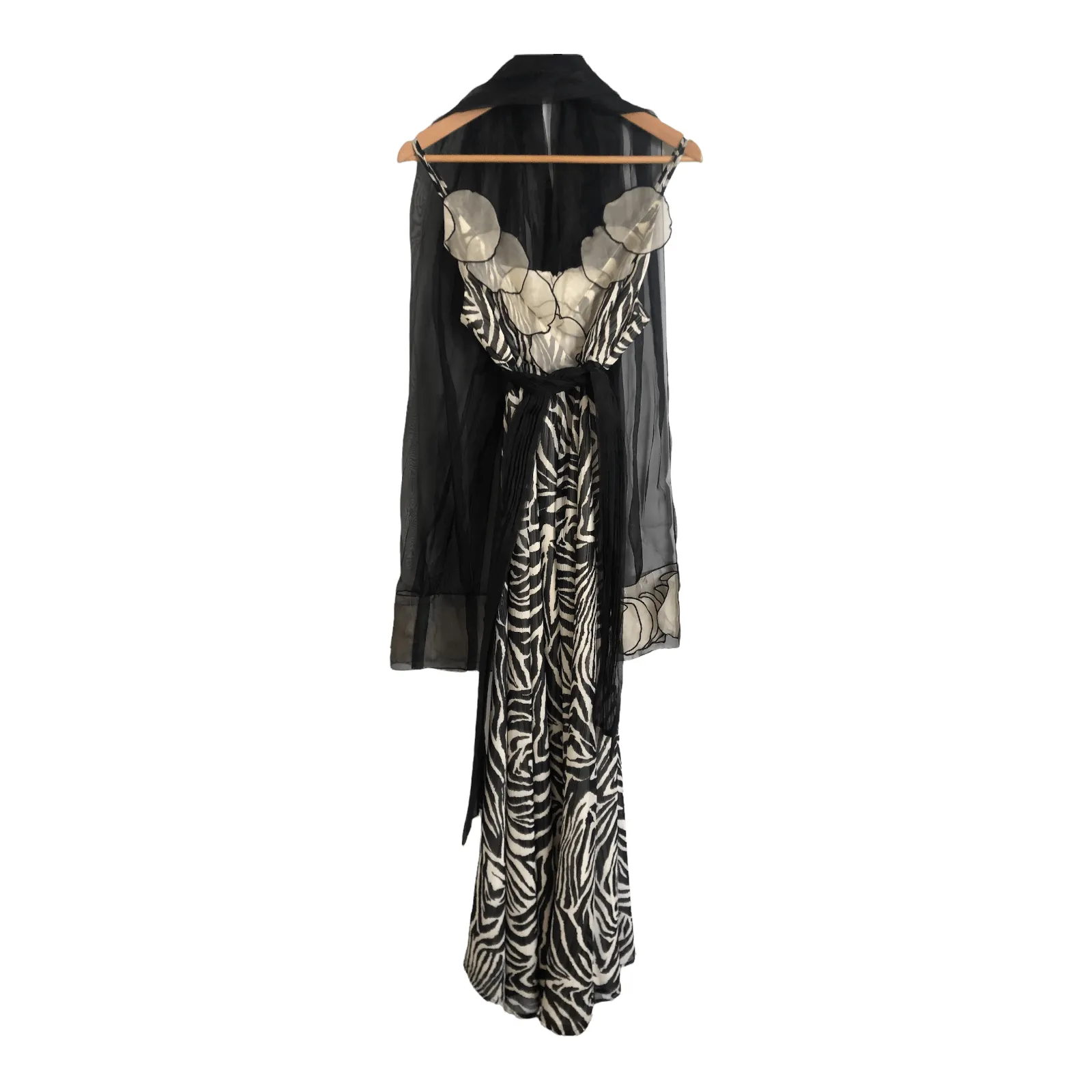 Oky-Coky 100% Silk Chiffon Sleeveless Maxi Dress w/ Sash & Shawl Black White Animal Print Size M