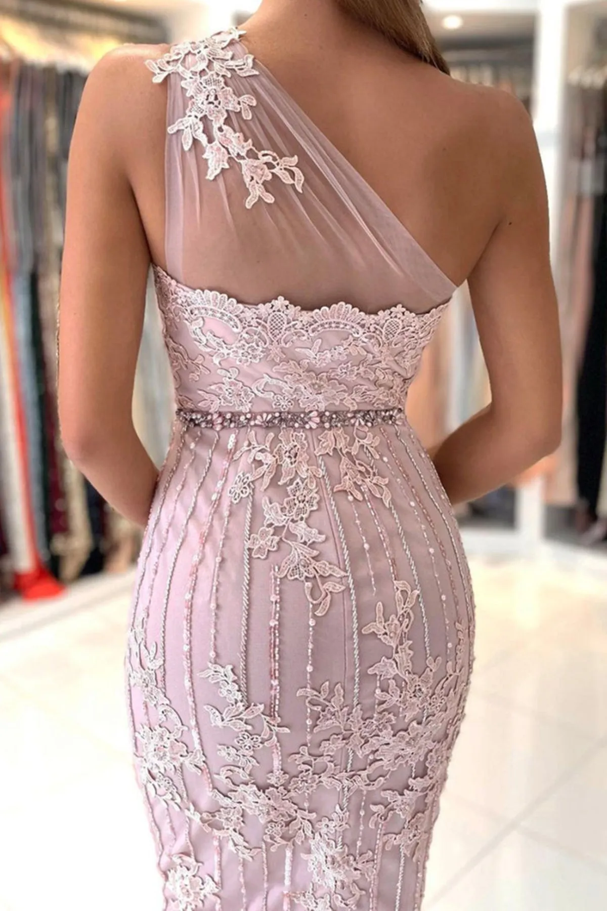 One Shoulder Mermaid Pink Lace Prom Dress, Mermaid Pink Homecoming Dress, Short Pink Lace Formal Evening Dress A1660